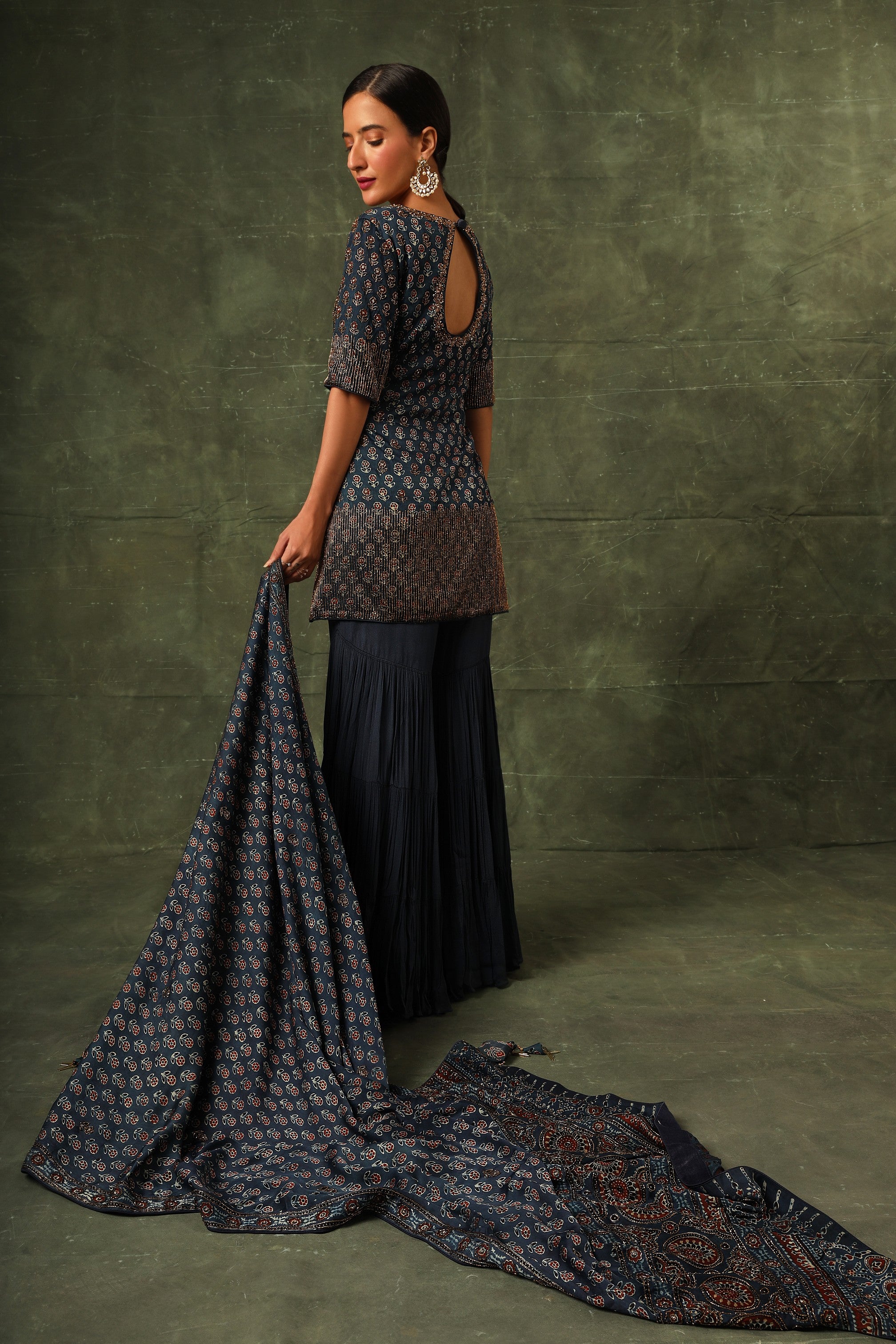 Blue ajrakh kurta and sharara with dupatta