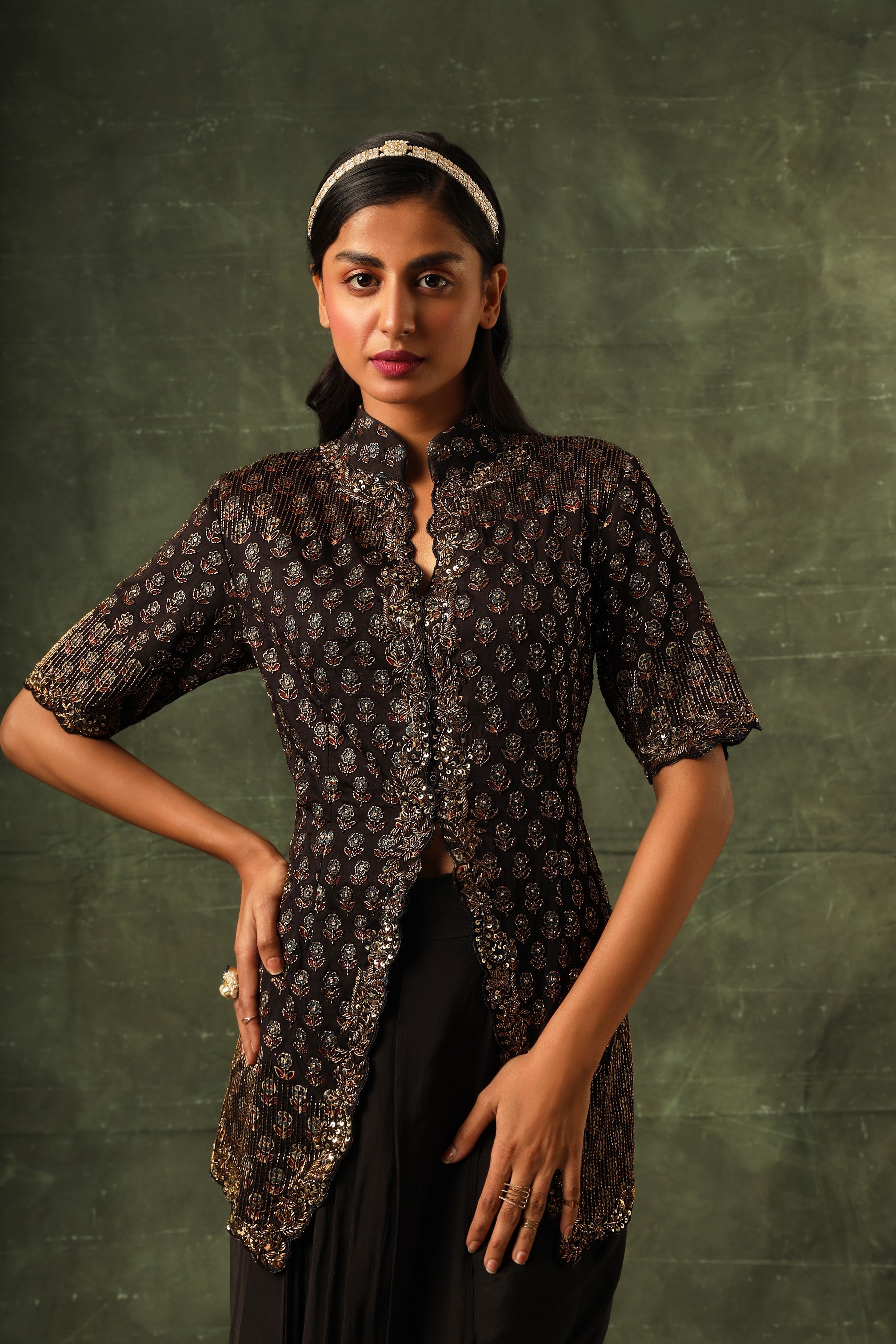 Black Ajrakh Jacket with drape dhoti skirt