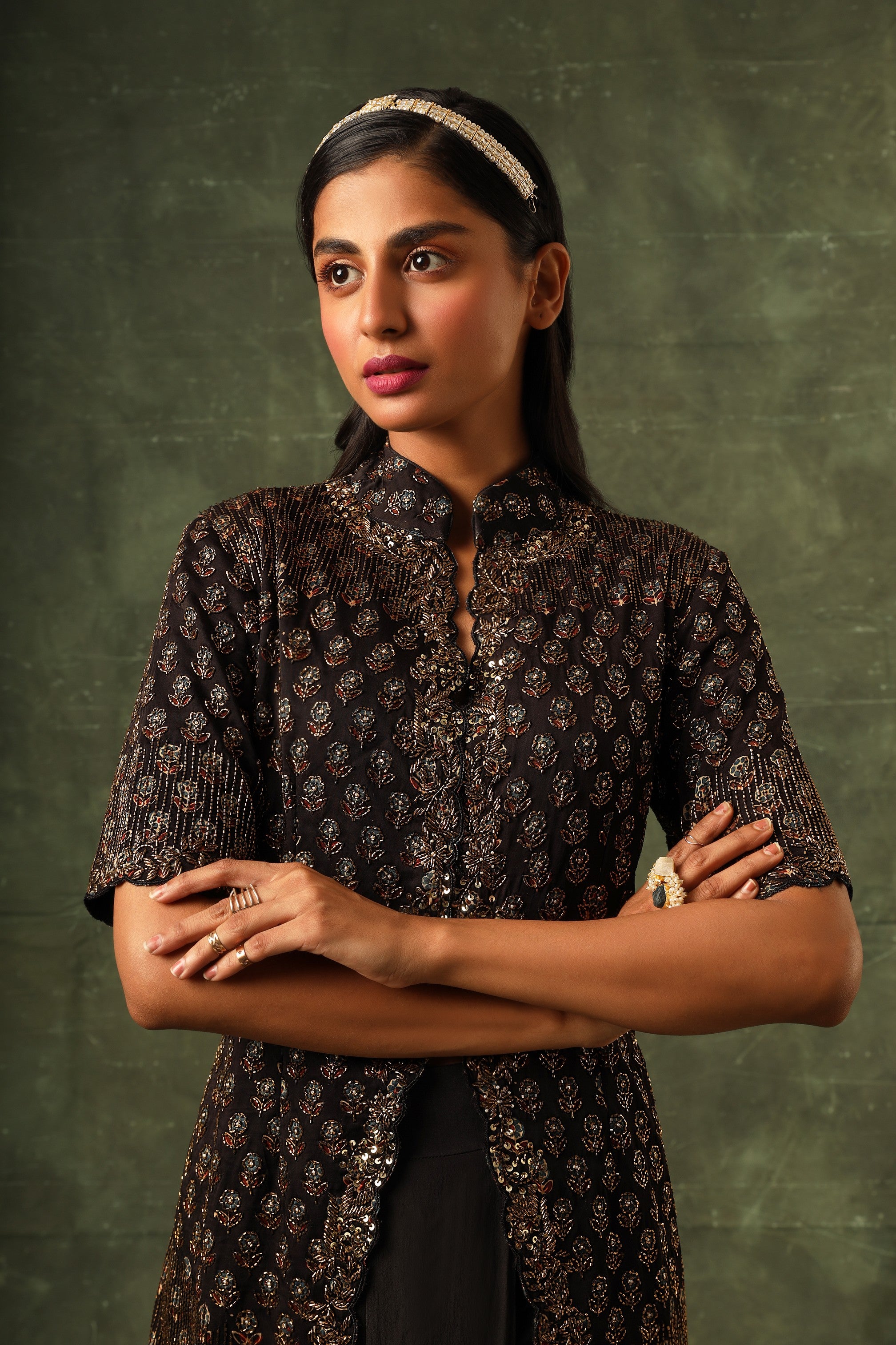 Black Ajrakh Jacket with drape dhoti skirt