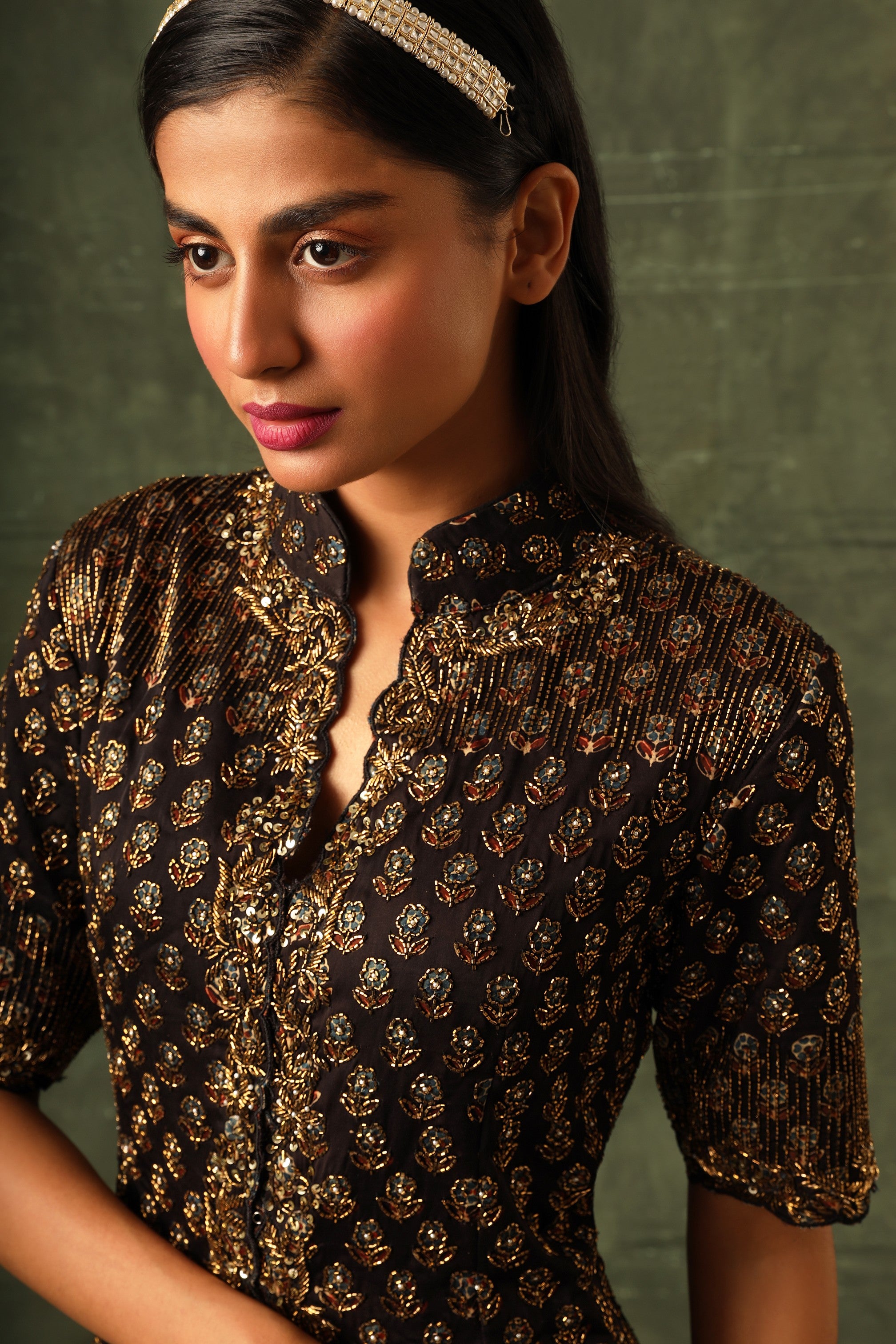 Black Ajrakh Jacket with drape dhoti skirt