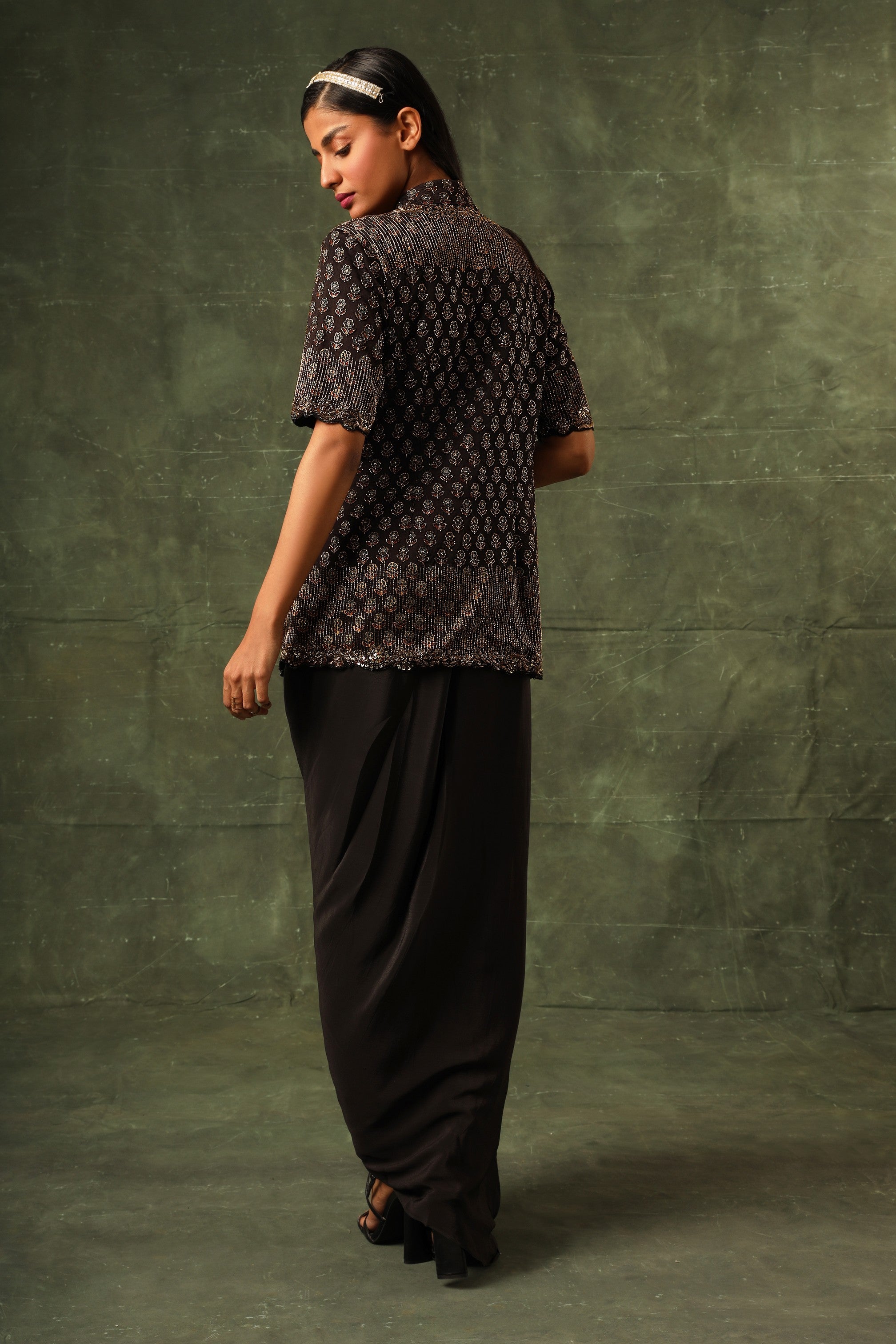 Black Ajrakh Jacket with drape dhoti skirt