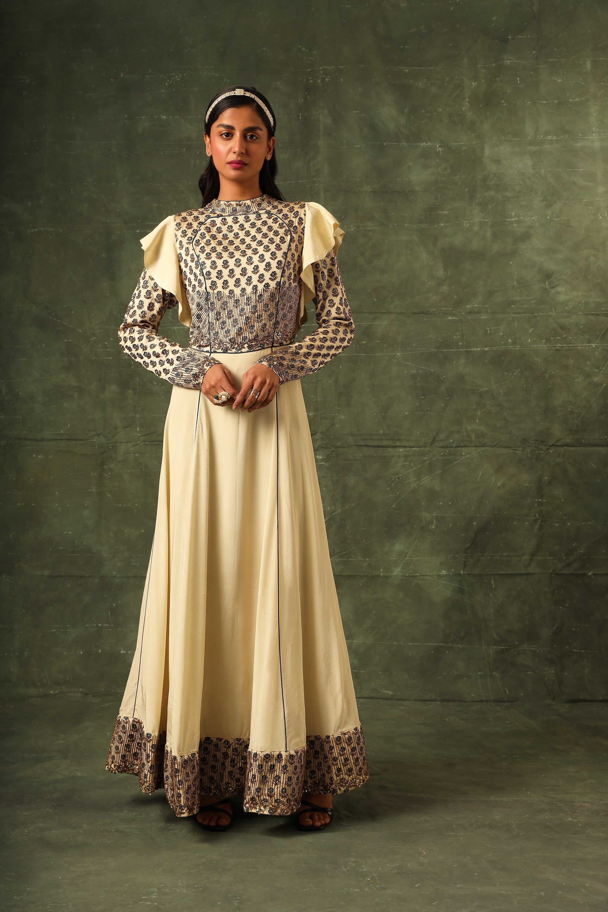 beige ajrakh A line gown