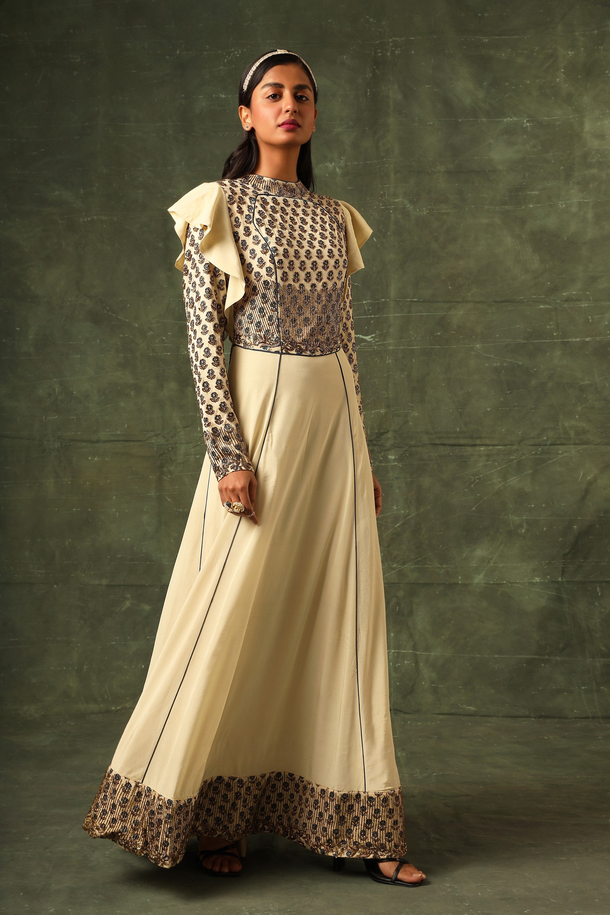 beige ajrakh A line gown