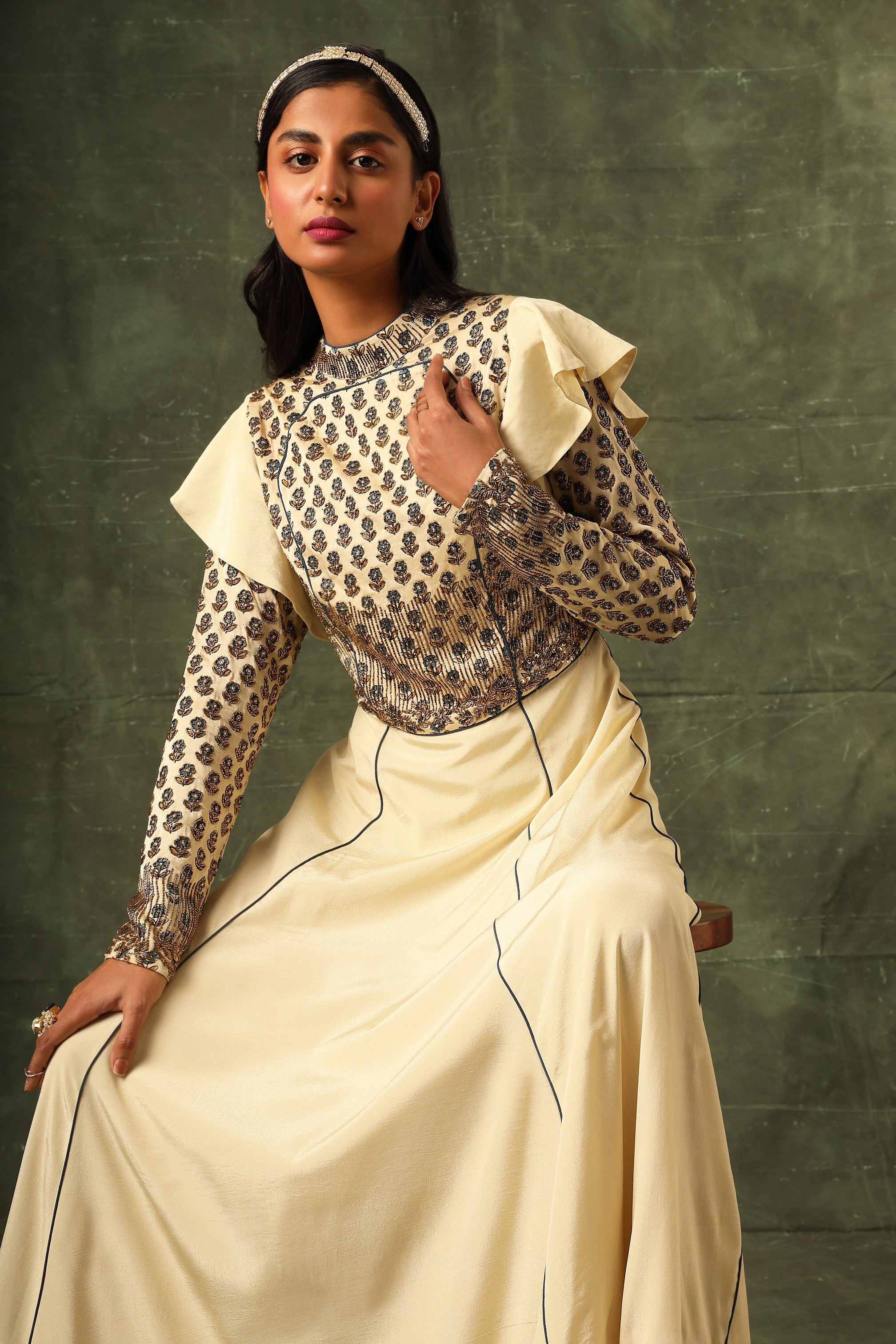 beige ajrakh A line gown