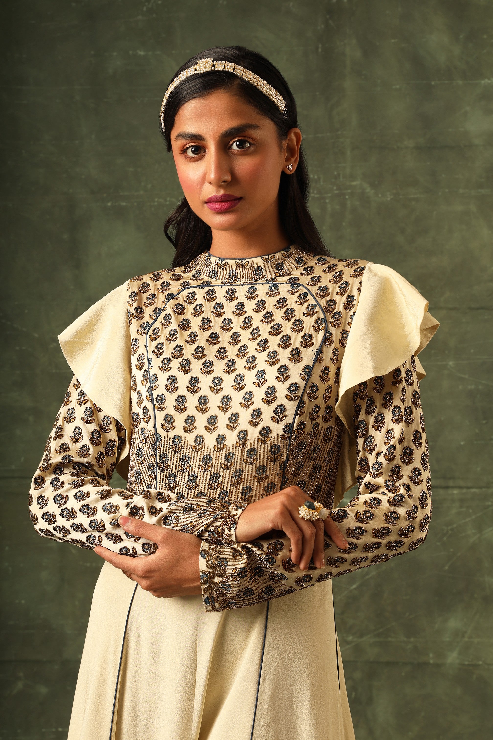 beige ajrakh A line gown