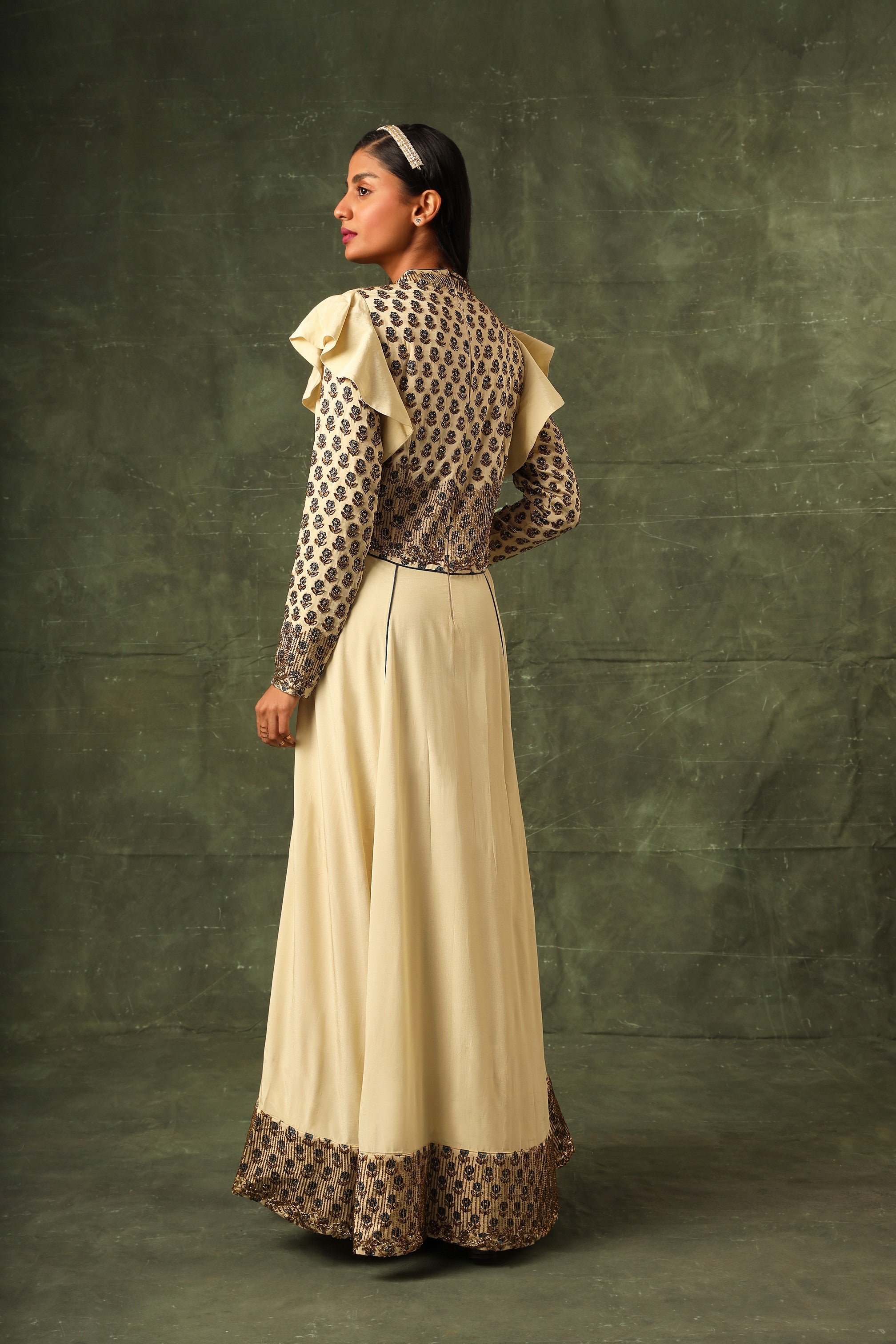 beige ajrakh A line gown