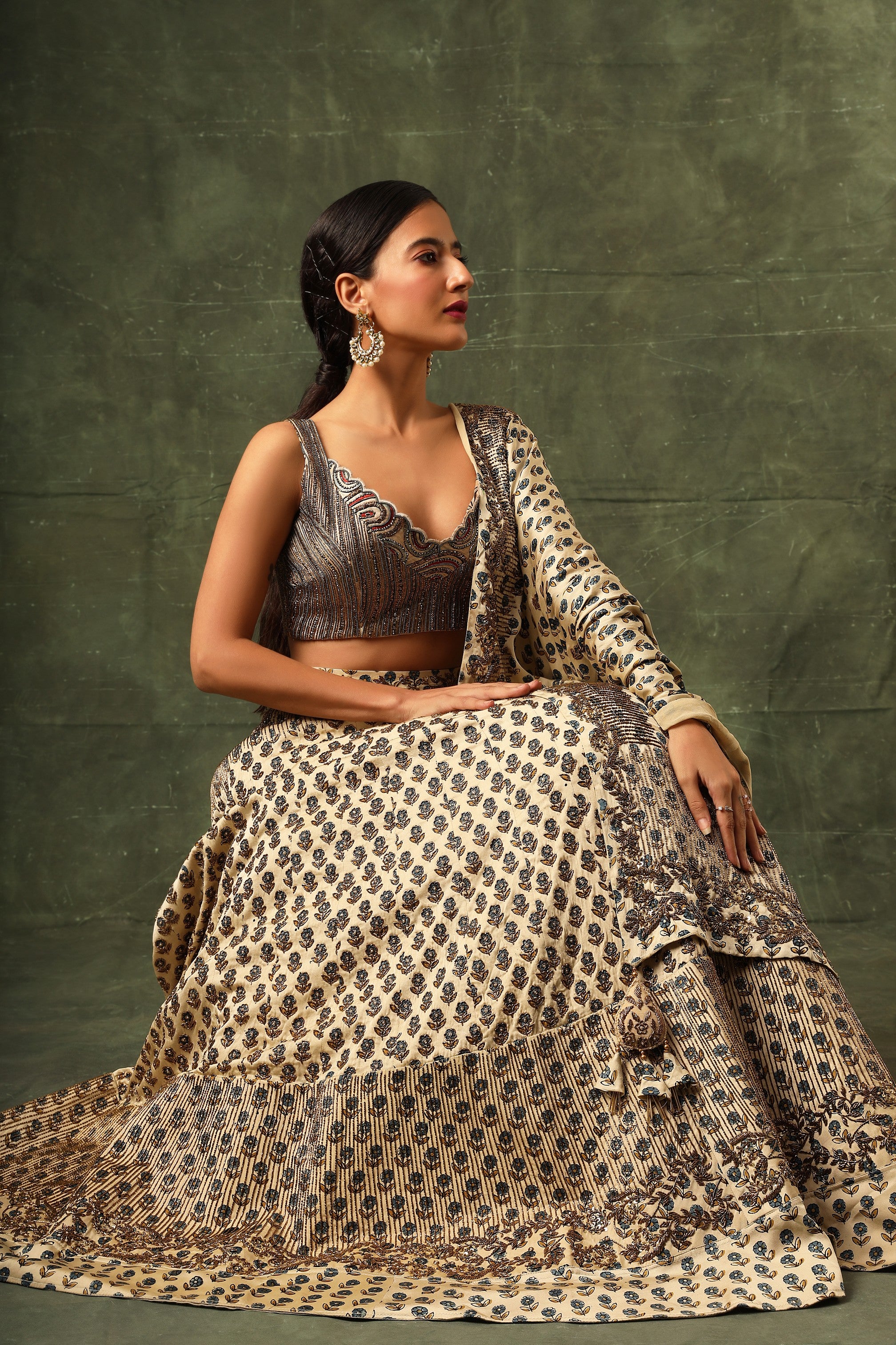 Ivory Ajrakh blouse and lehenga with Ajrakh dupatta