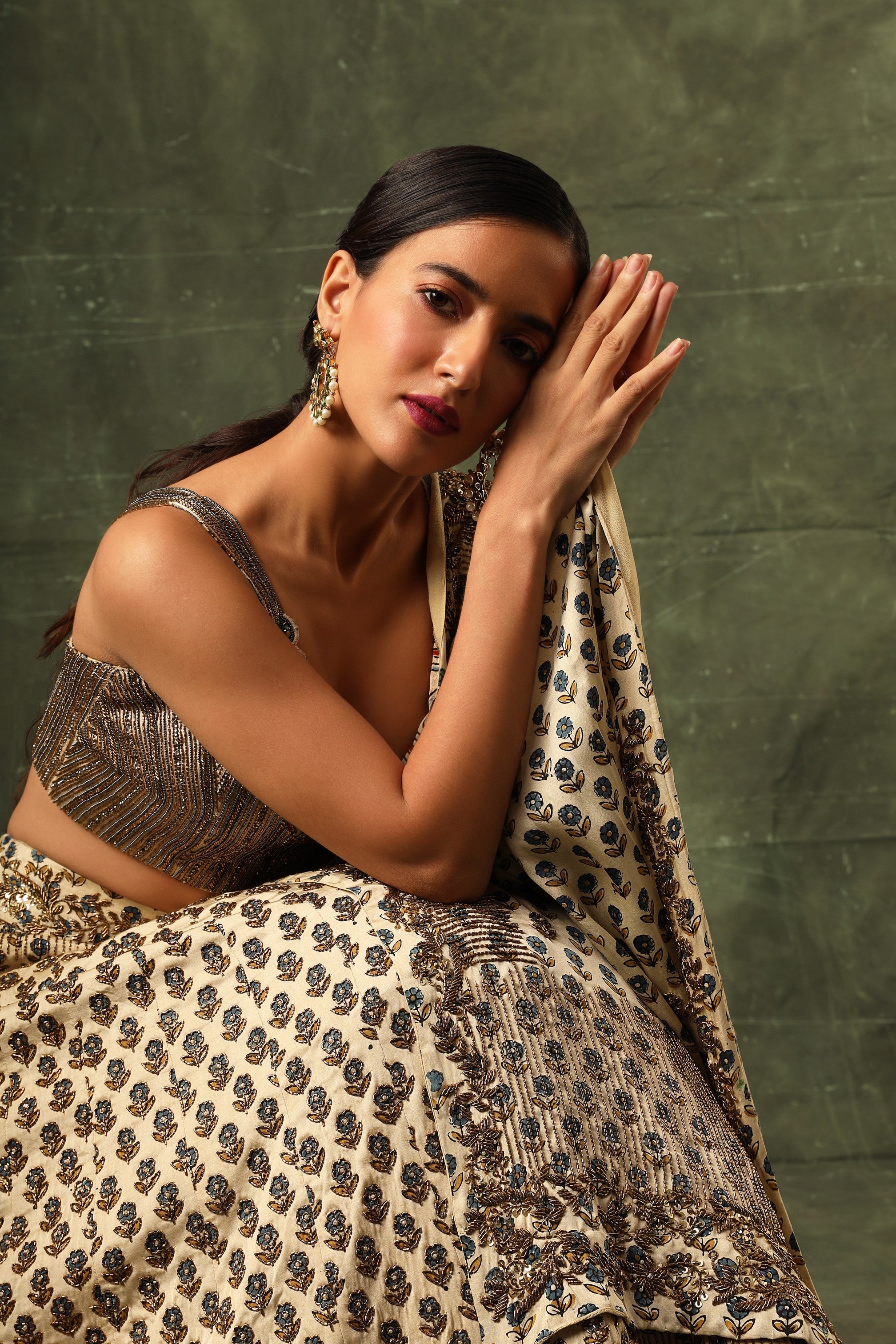 Ivory Ajrakh blouse and lehenga with Ajrakh dupatta