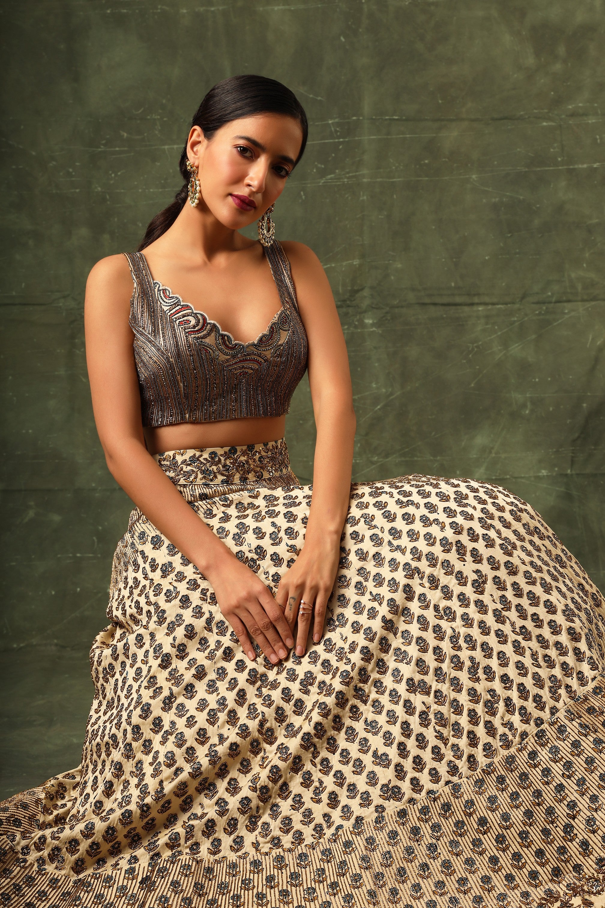 Ivory Ajrakh blouse and lehenga with Ajrakh dupatta