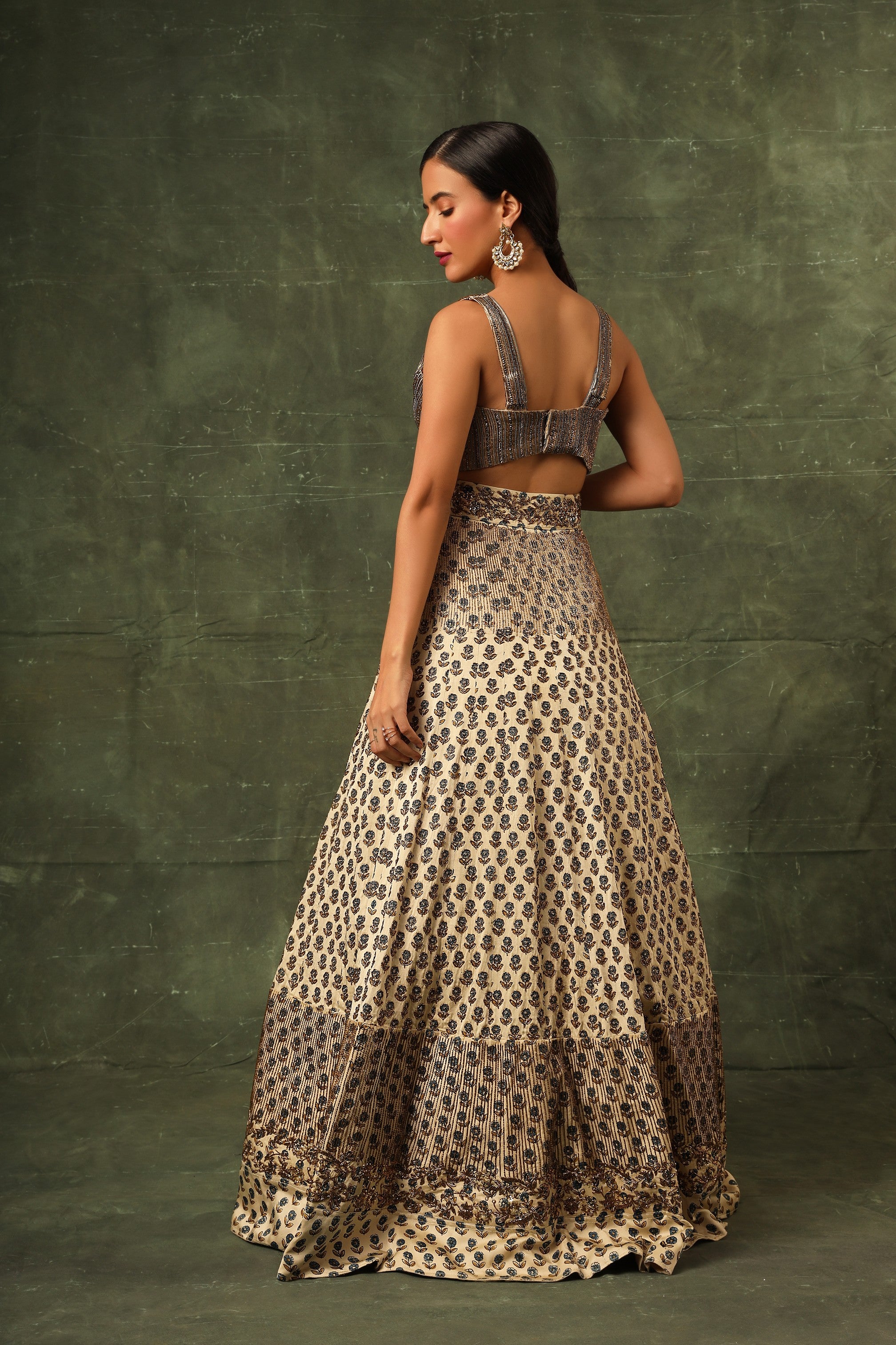 Ivory Ajrakh blouse and lehenga with Ajrakh dupatta