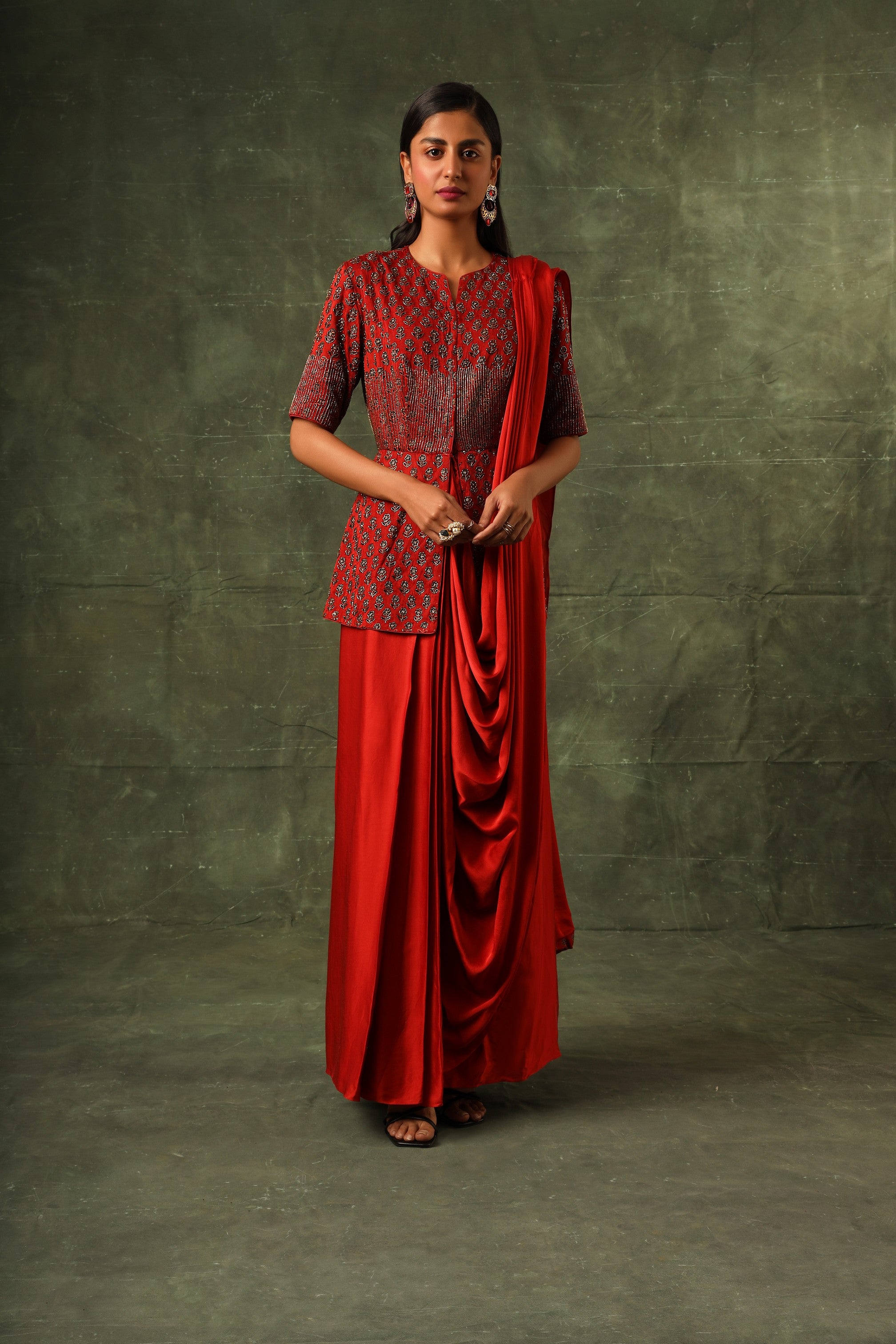 Red embellished ajrakh gown saree
