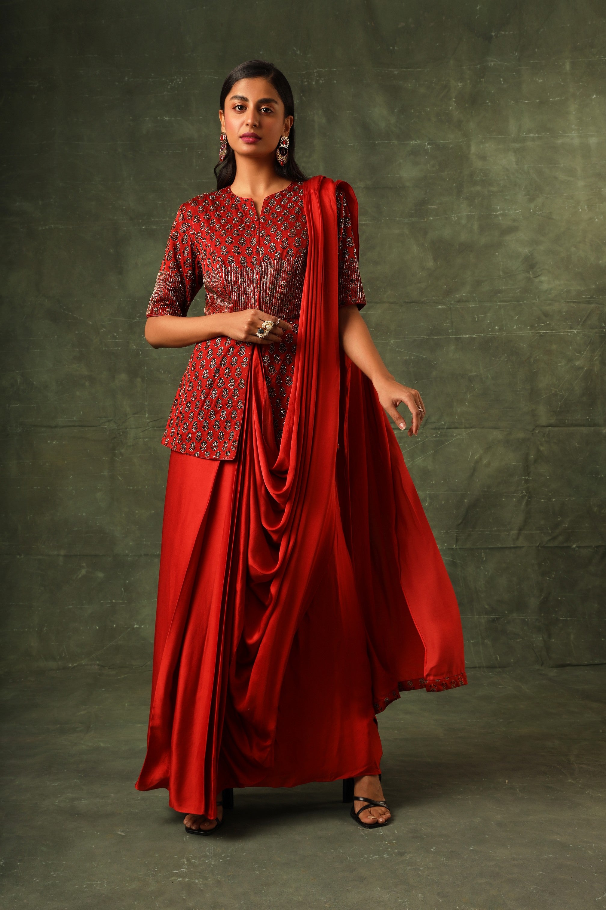 Red embellished ajrakh gown saree
