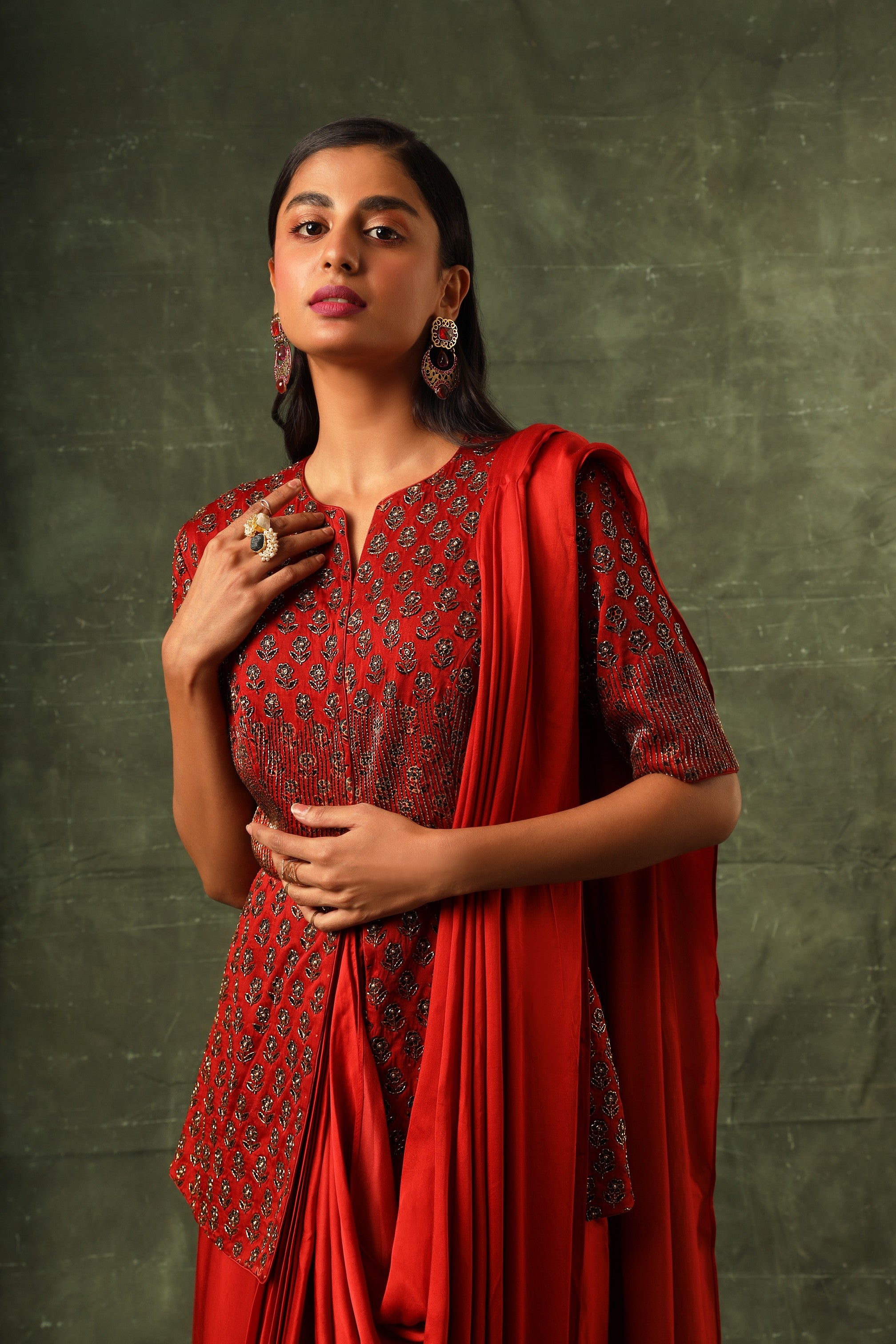 Red embellished ajrakh gown saree