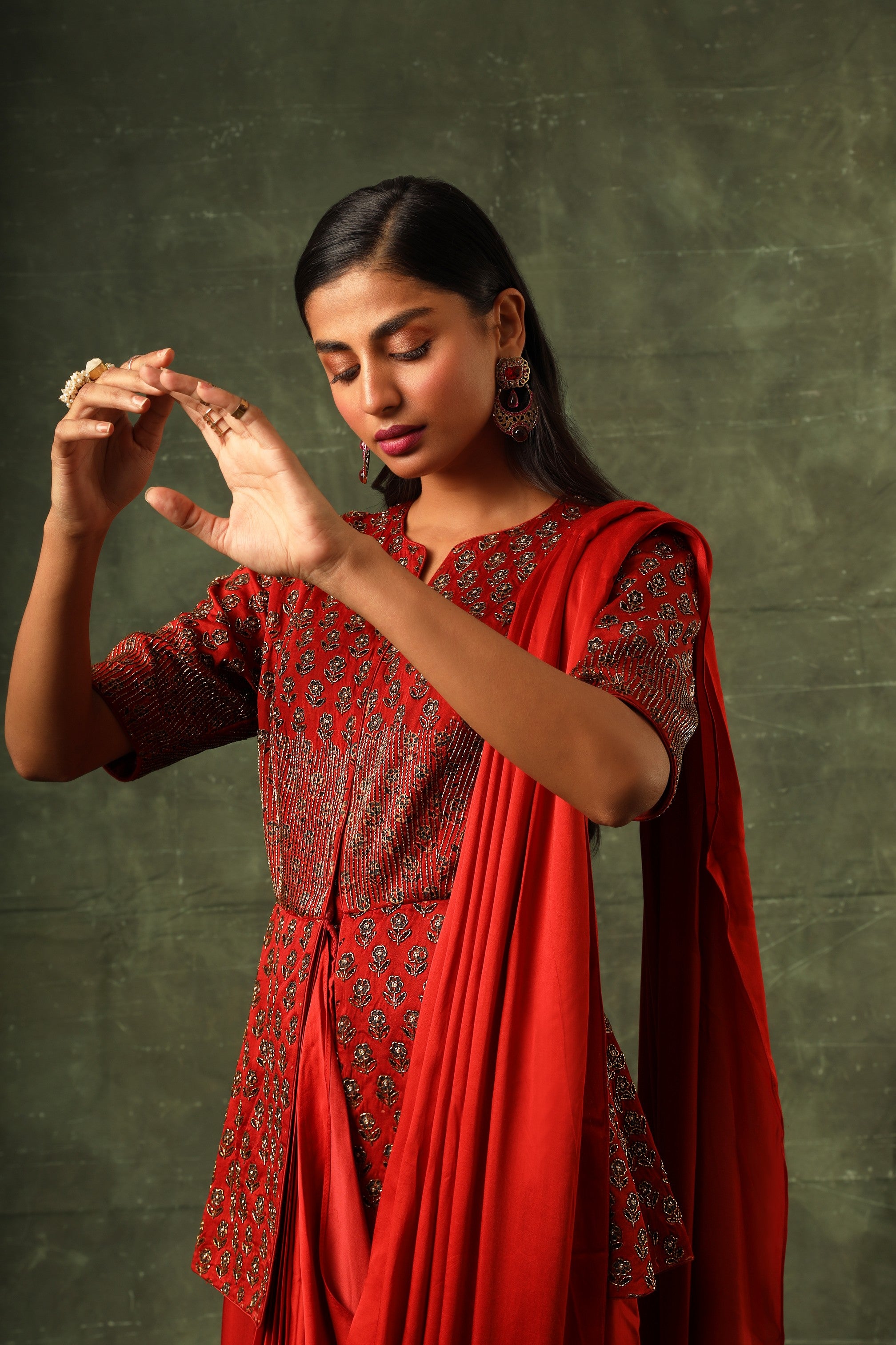 Red embellished ajrakh gown saree