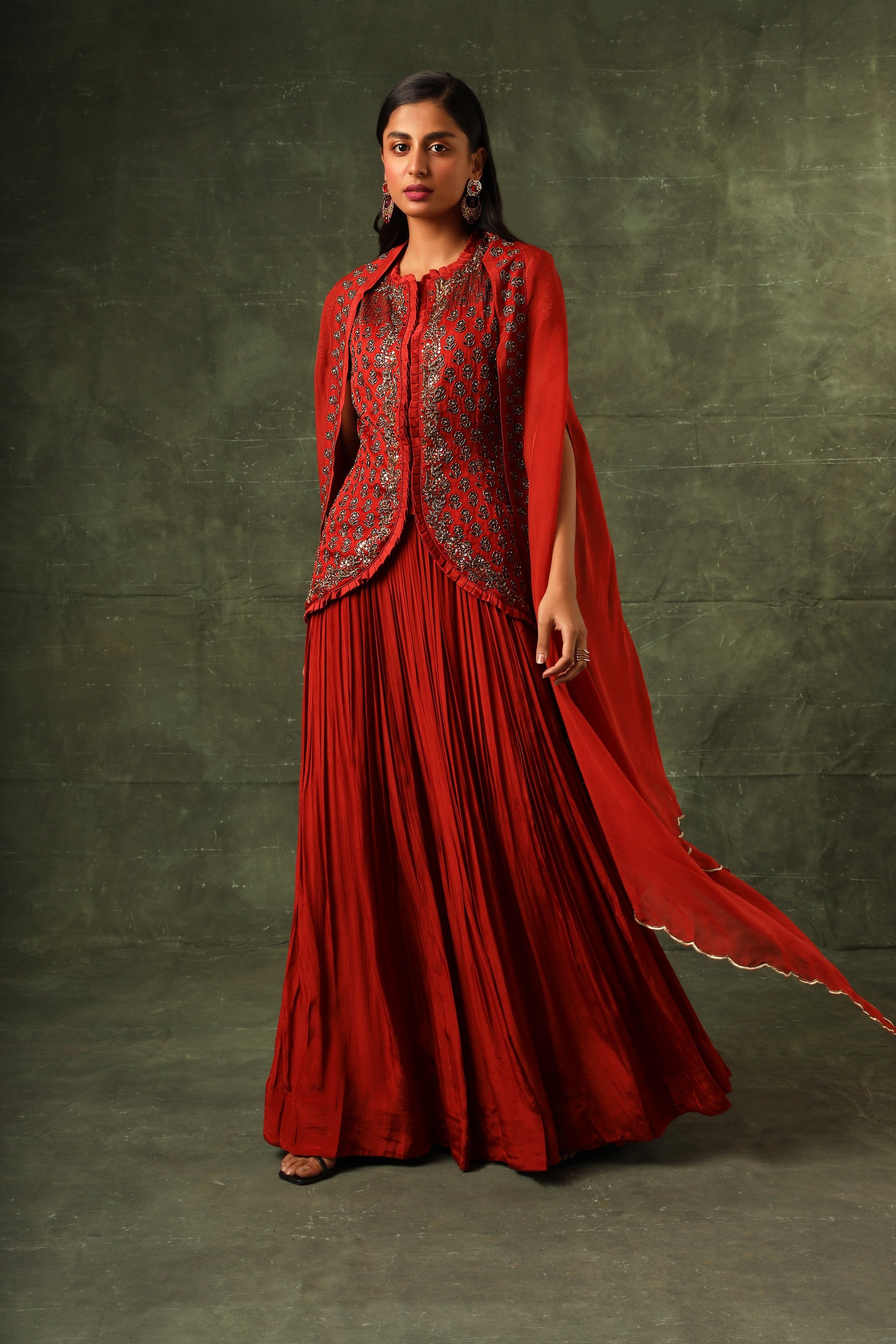 Red Ajrakh jacket with gathered skirt and cape dupatta