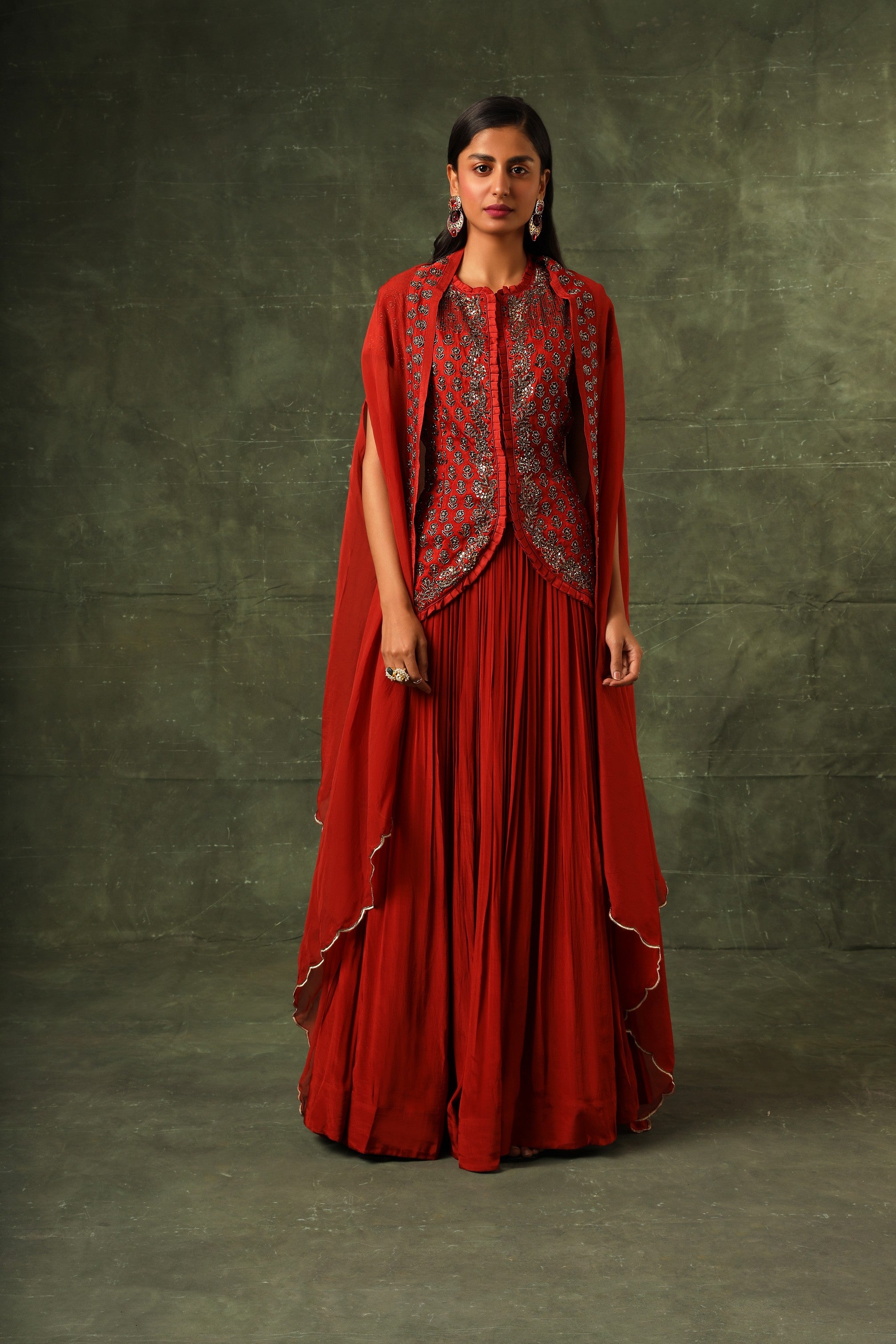 Red Ajrakh jacket with gathered skirt and cape dupatta