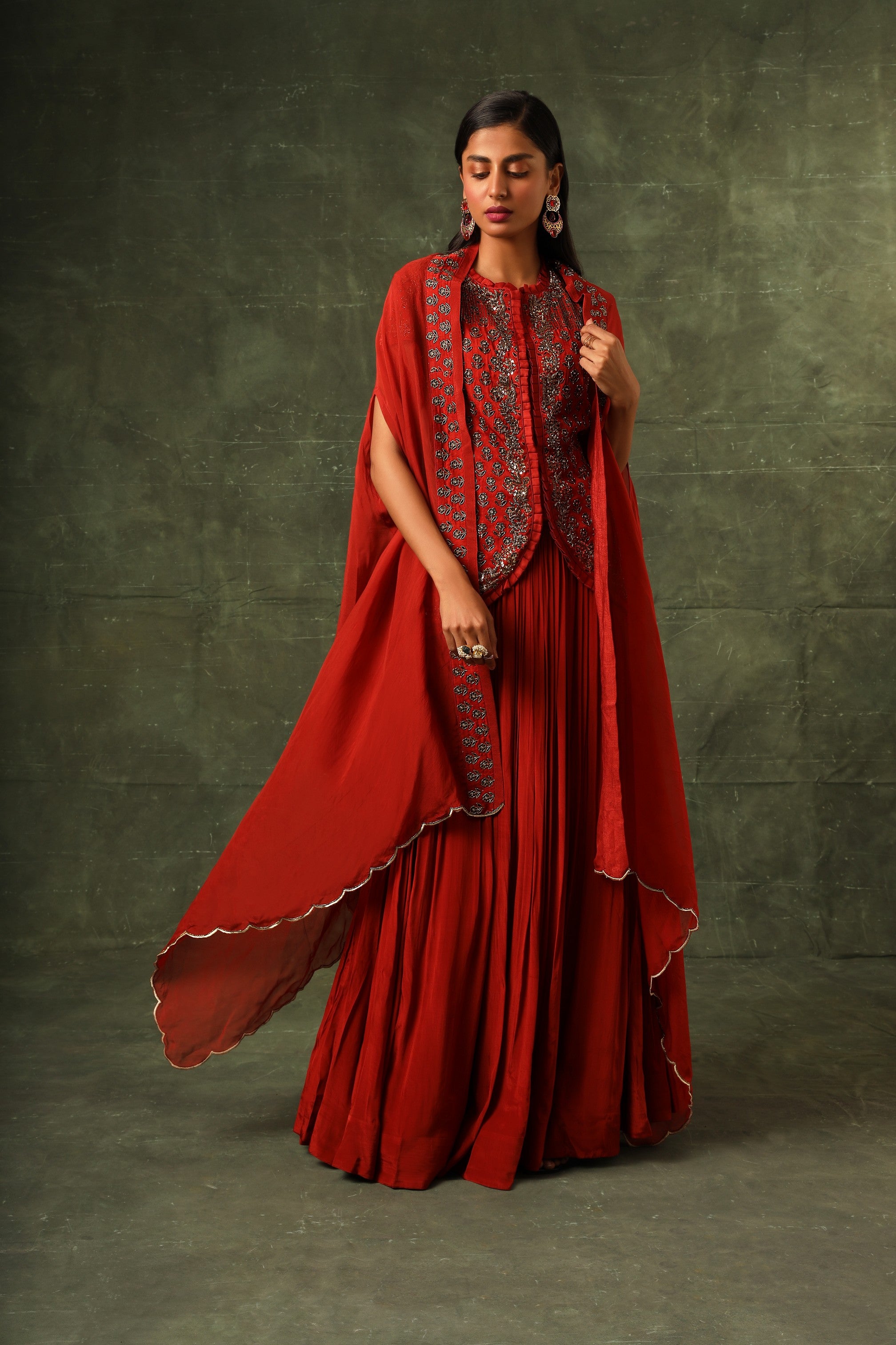Red Ajrakh jacket with gathered skirt and cape dupatta