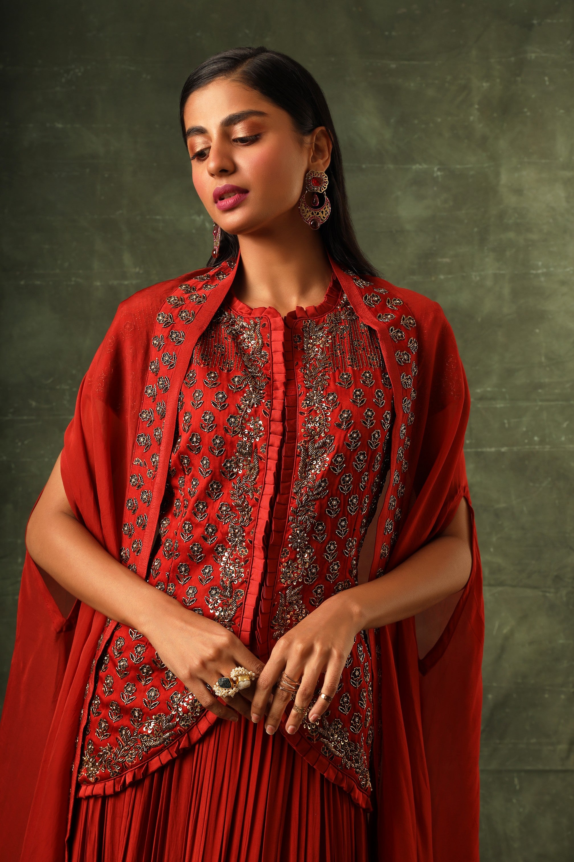 Red Ajrakh jacket with gathered skirt and cape dupatta