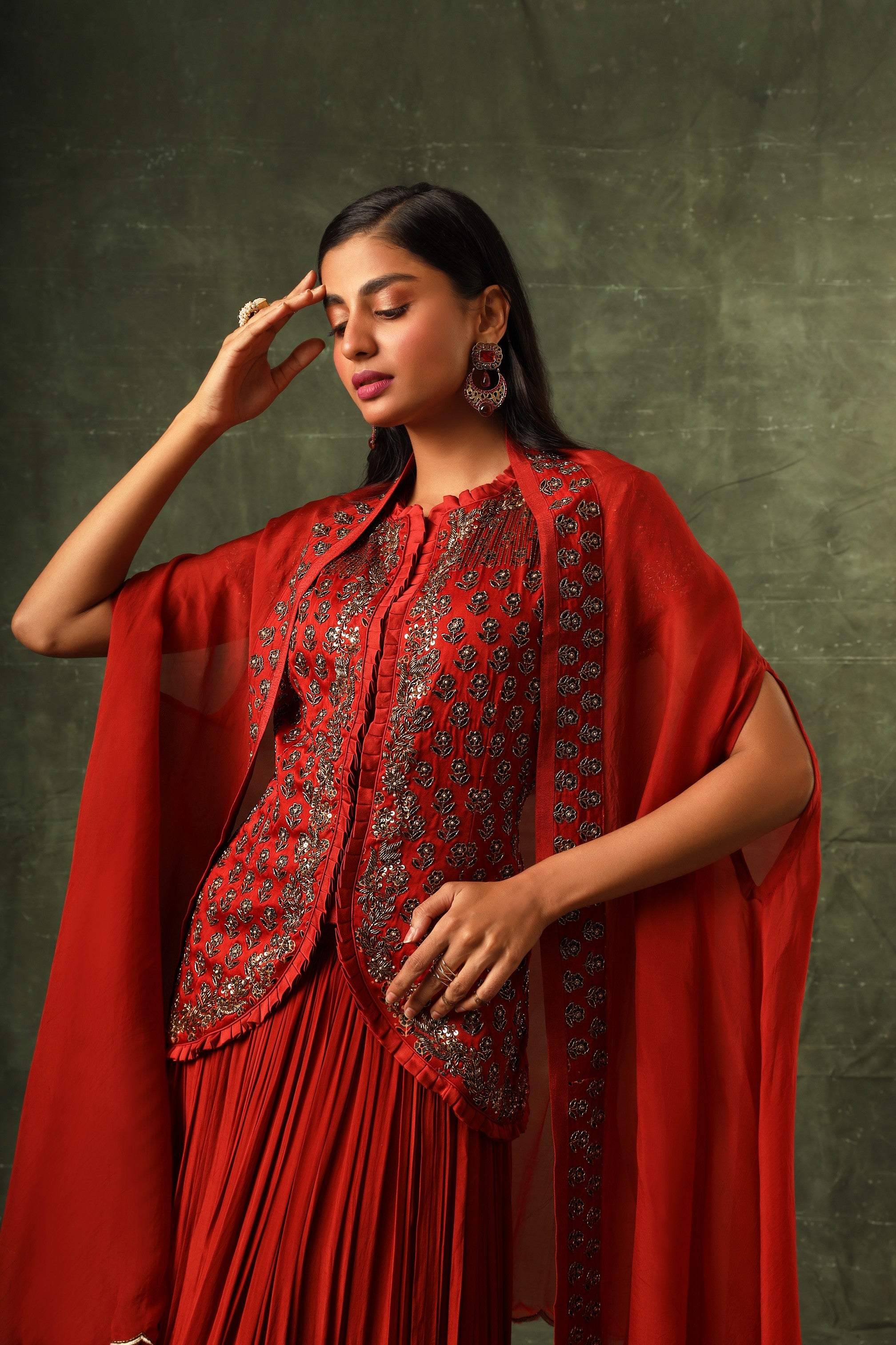 Red Ajrakh jacket with gathered skirt and cape dupatta