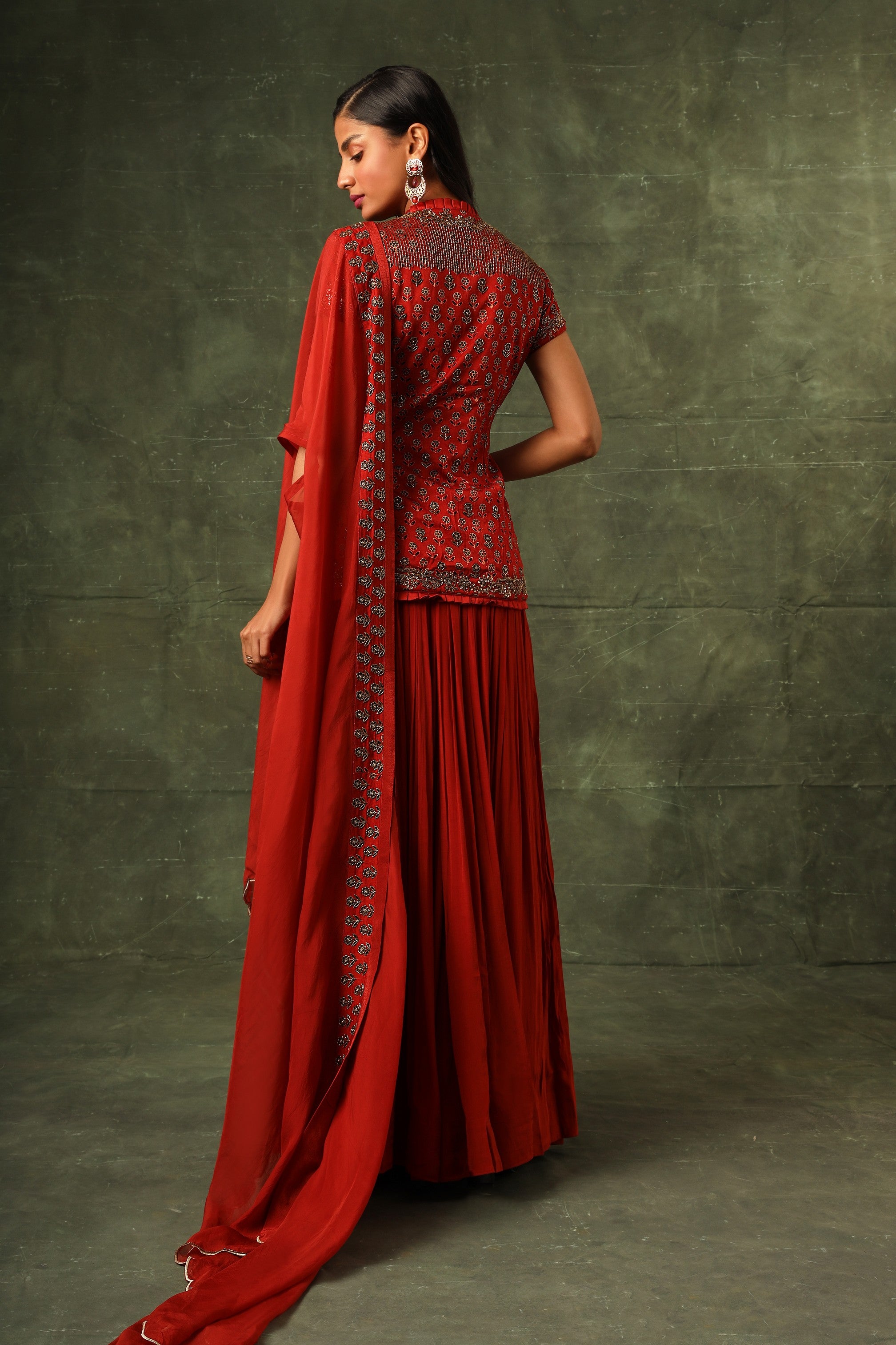 Red Ajrakh jacket with gathered skirt and cape dupatta