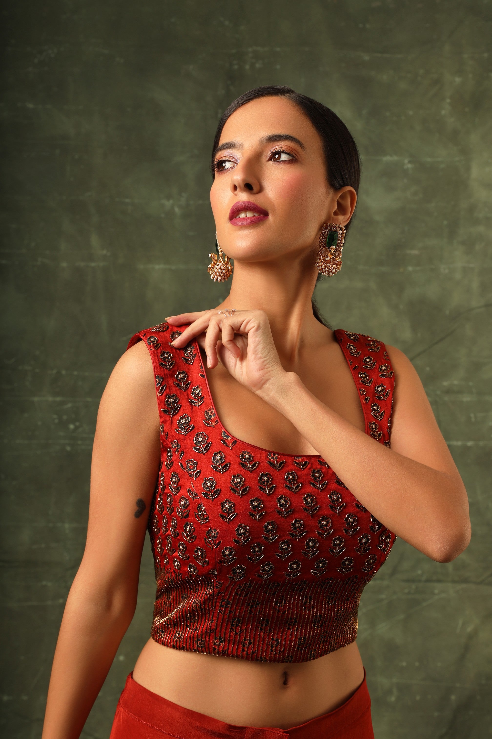 Red Ajrakh blouse and double layered flare pants with cape dupatta
