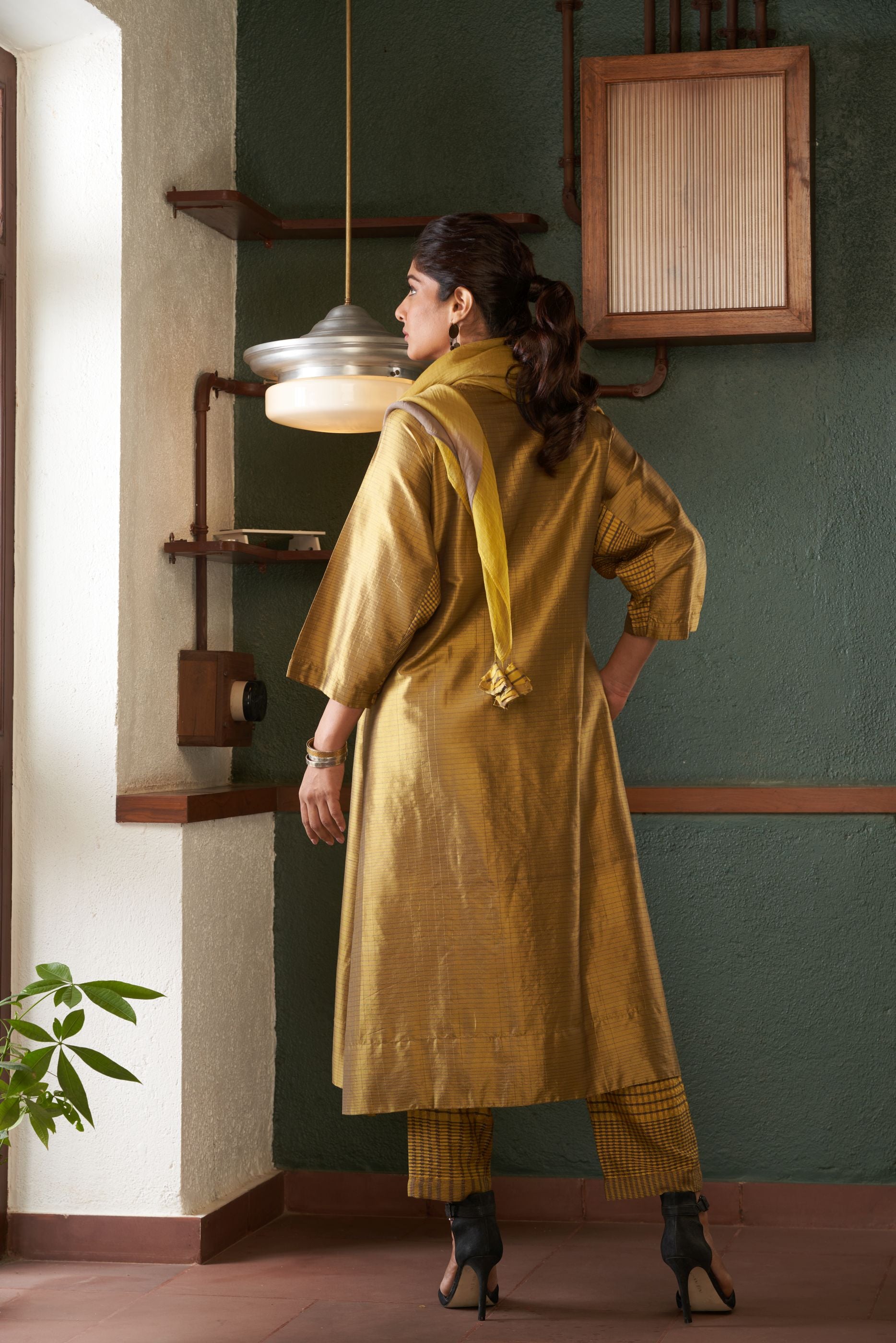 MUSTARD SILK AND KHADI KURTA SET