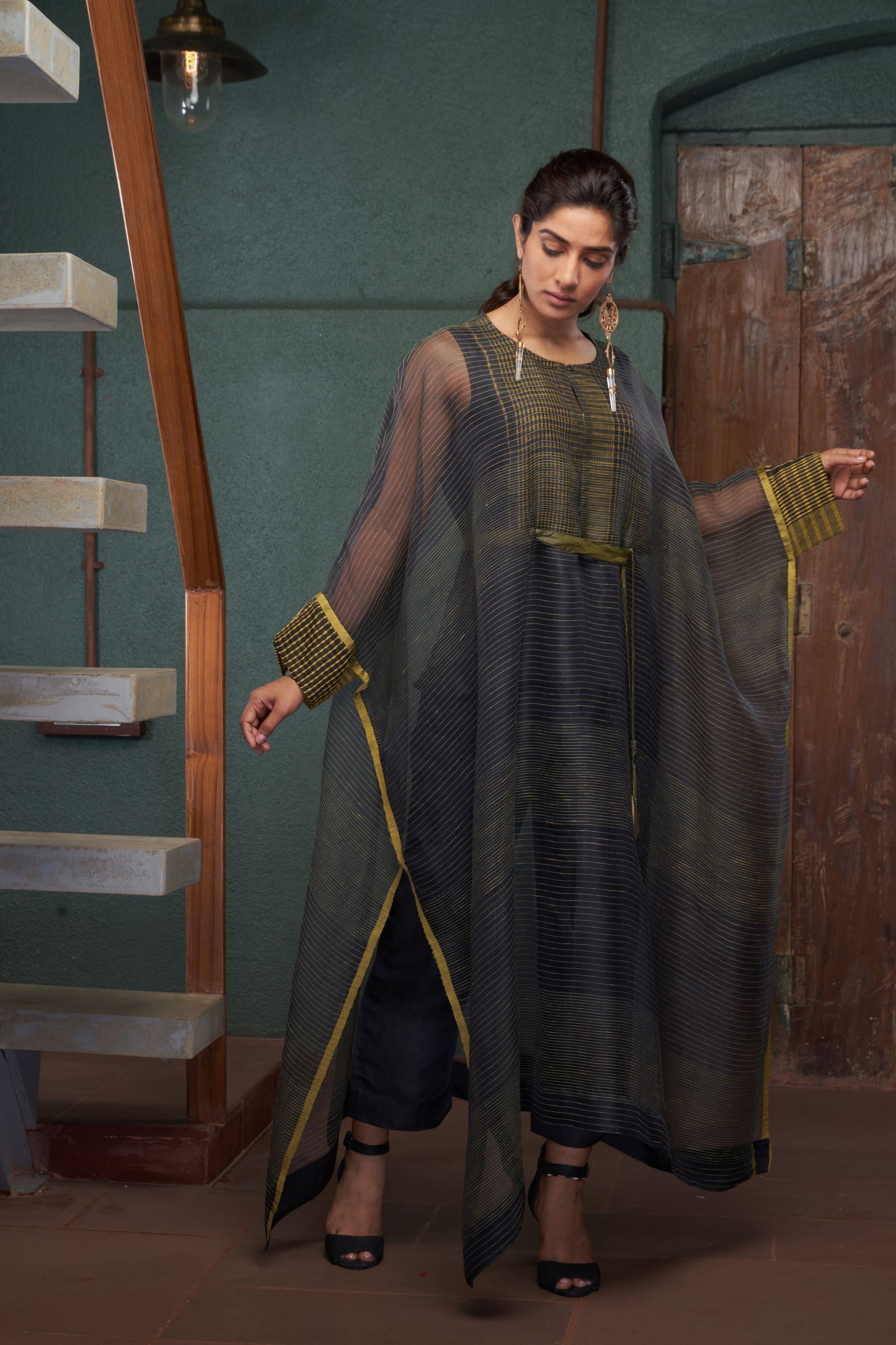 CHARCOAL SILK AND KHADI KAFTAN SET