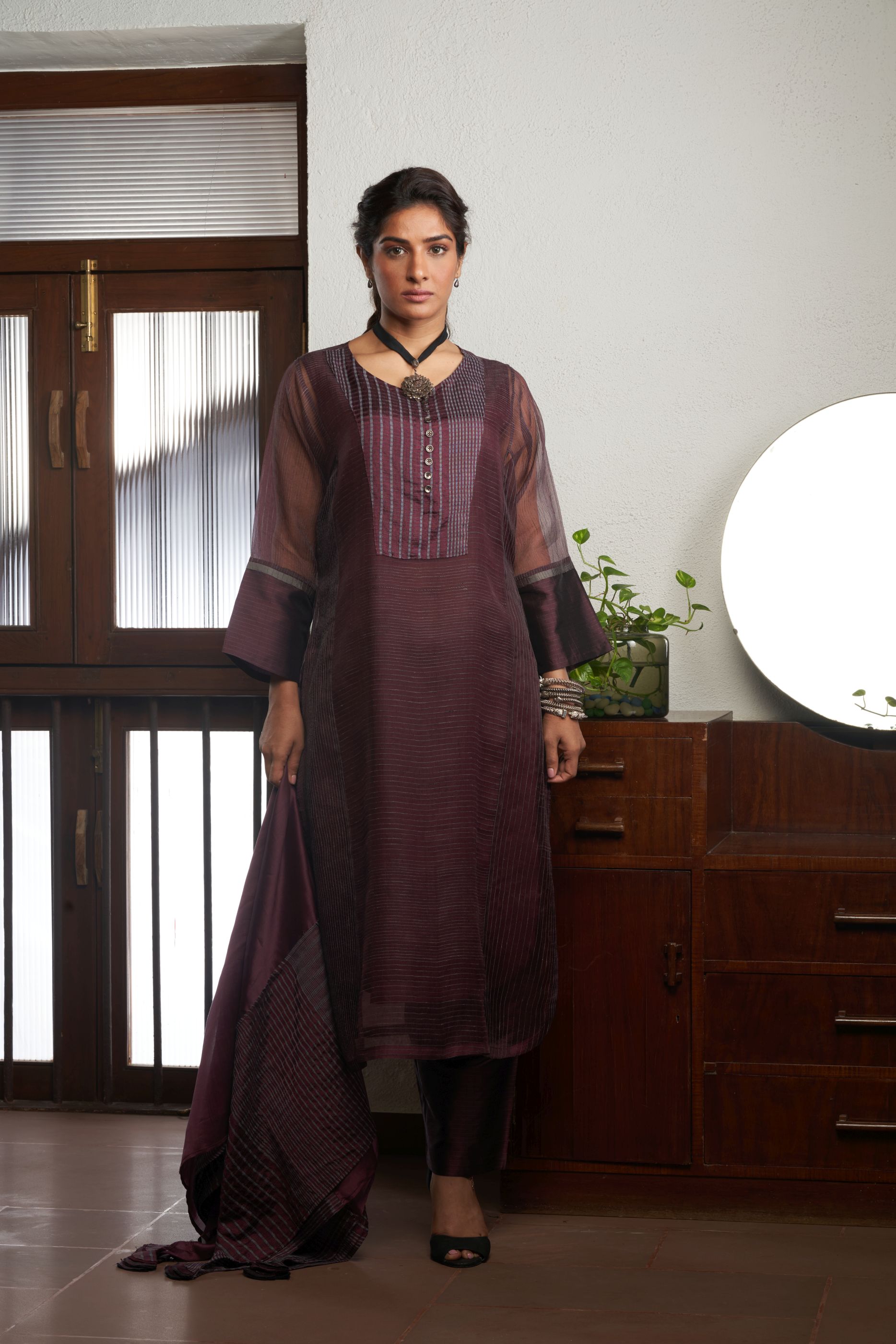 WINE SILK AND KHADI KURTA SET