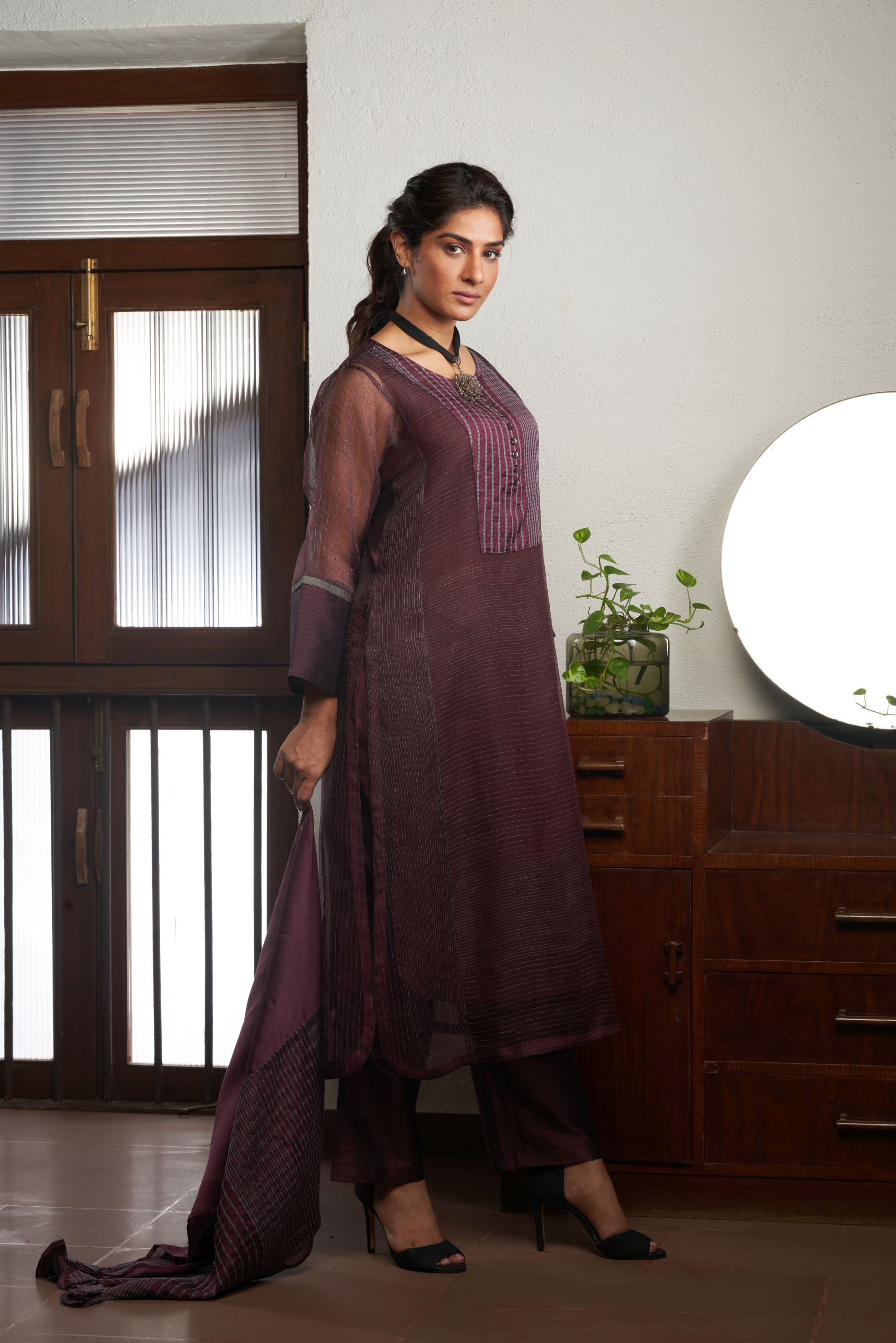 WINE SILK AND KHADI KURTA SET