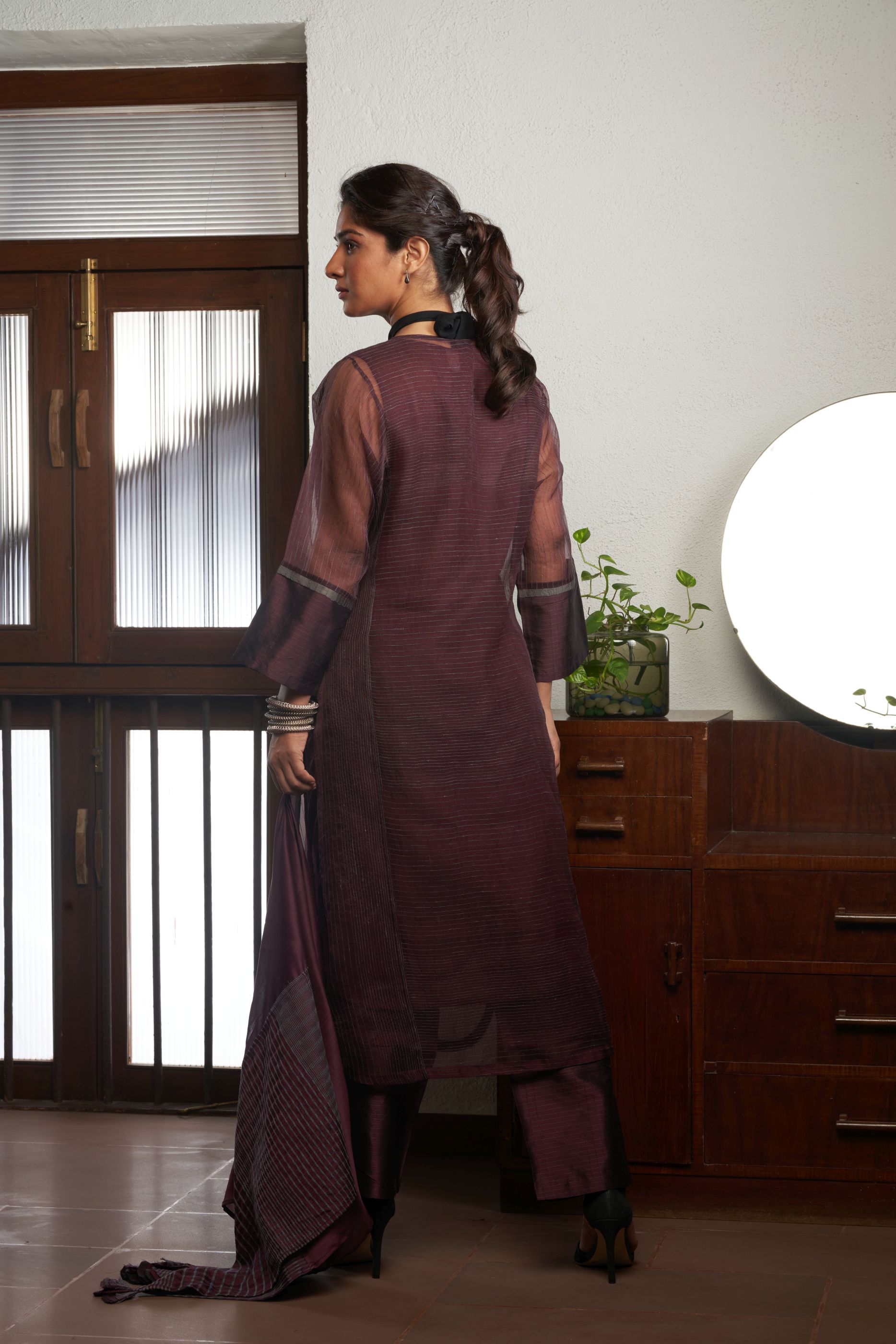 WINE SILK AND KHADI KURTA SET