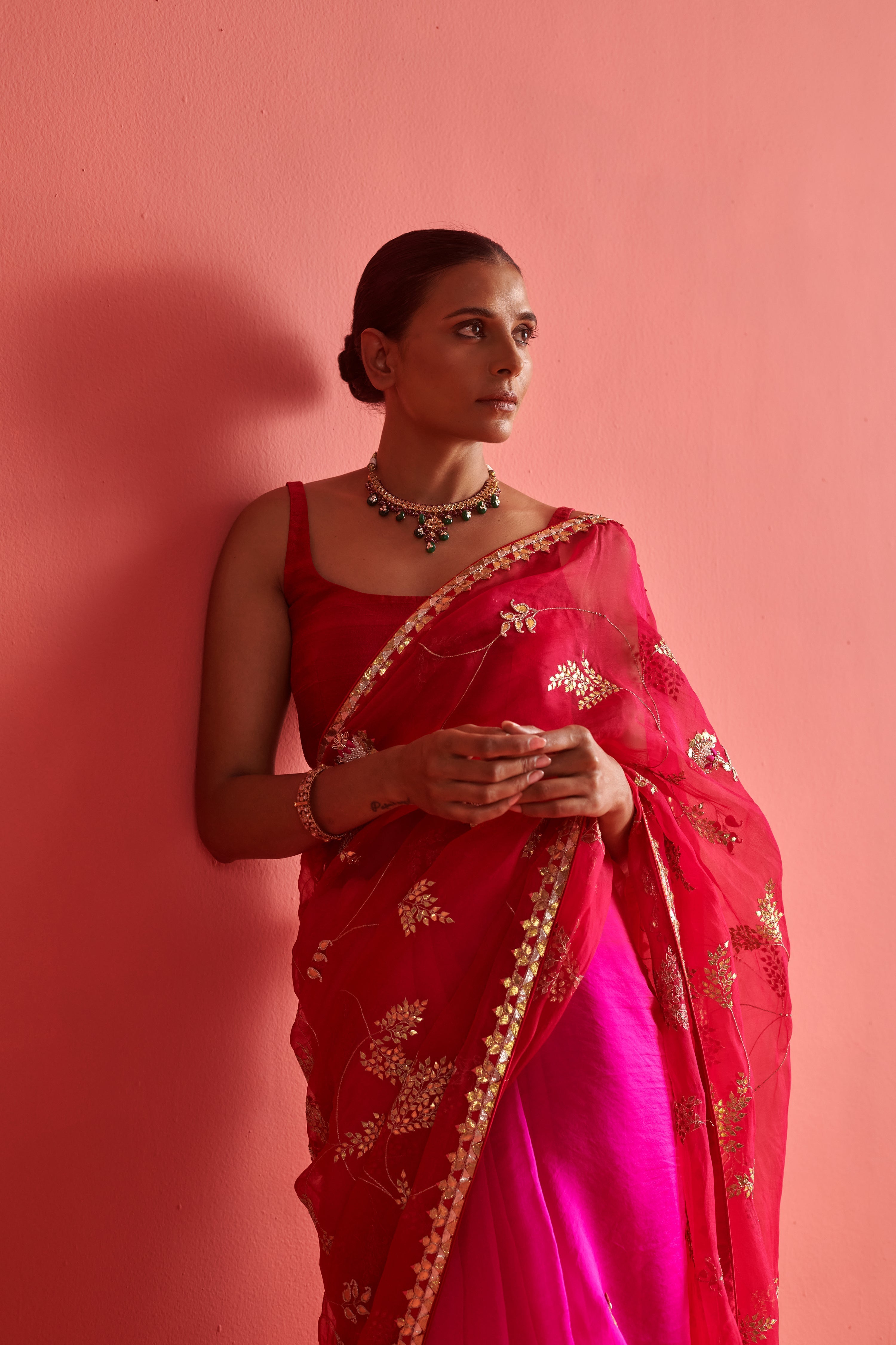 Red and Pink hand embrodiered saree with Mashru Silk Blouse