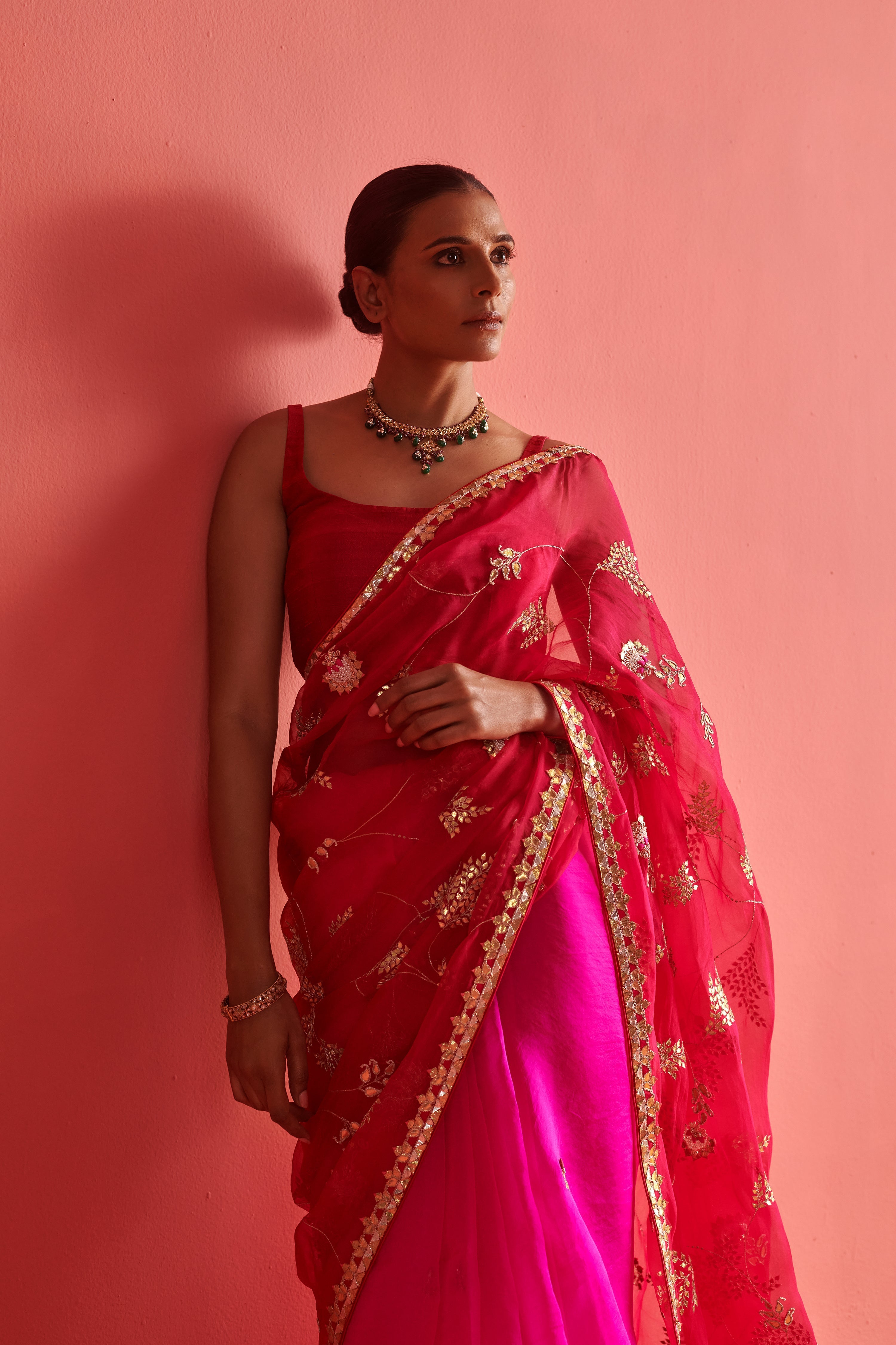 Red and Pink hand embrodiered saree with Mashru Silk Blouse