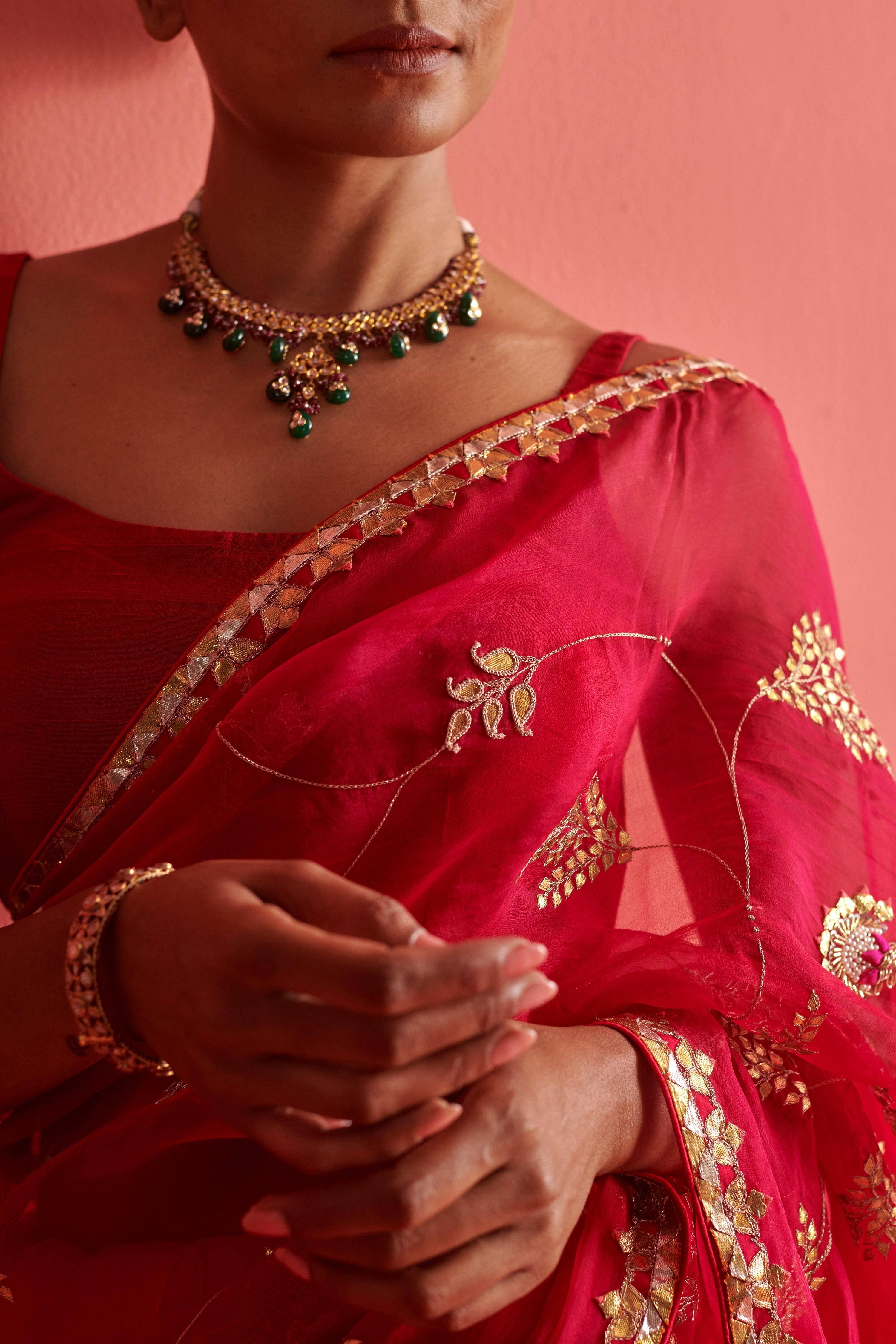 Red and Pink hand embrodiered saree with Mashru Silk Blouse