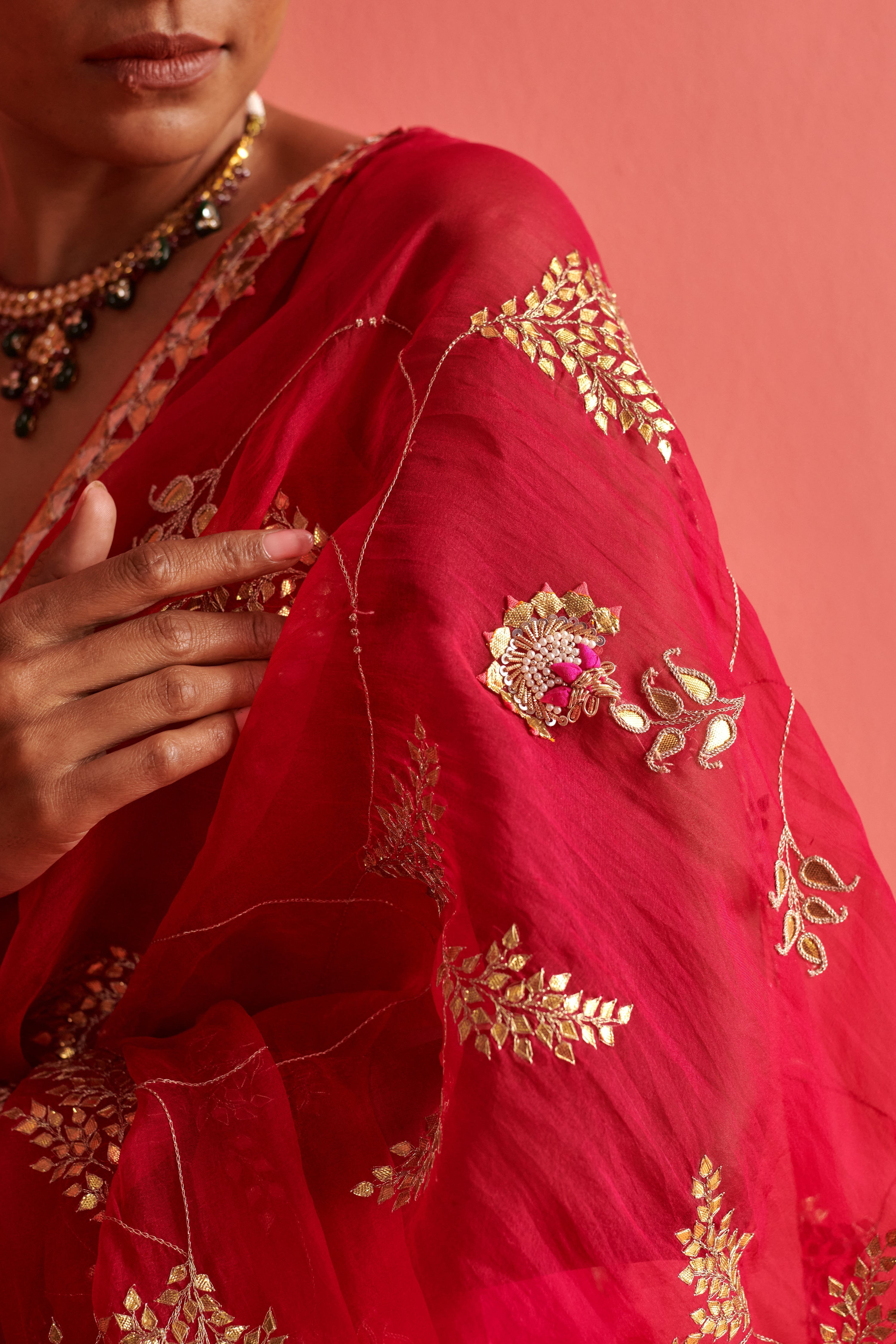 Red and Pink hand embrodiered saree with Mashru Silk Blouse