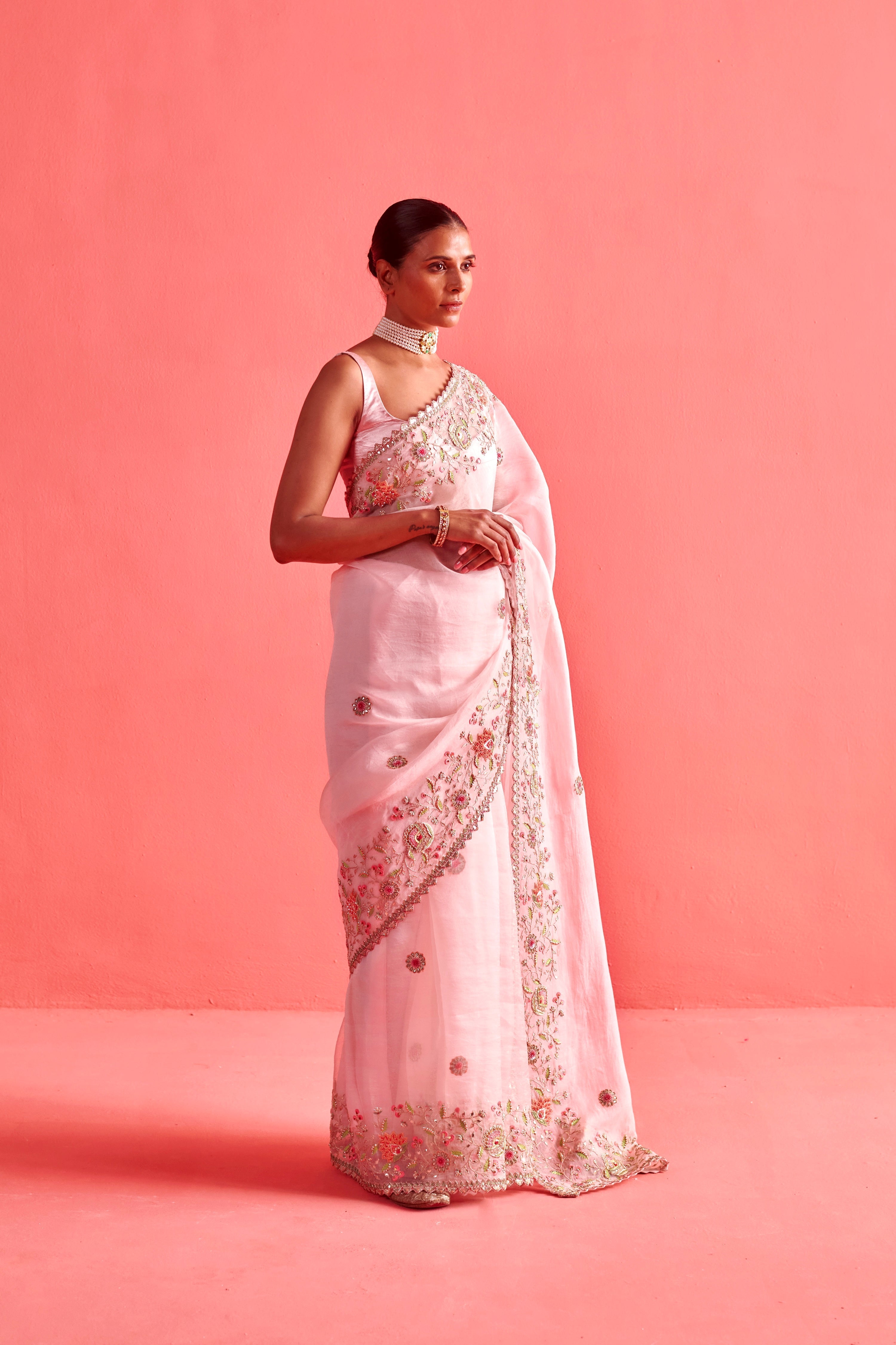 Powdered Pink hand embrodiered saree with Mashru silk blouse