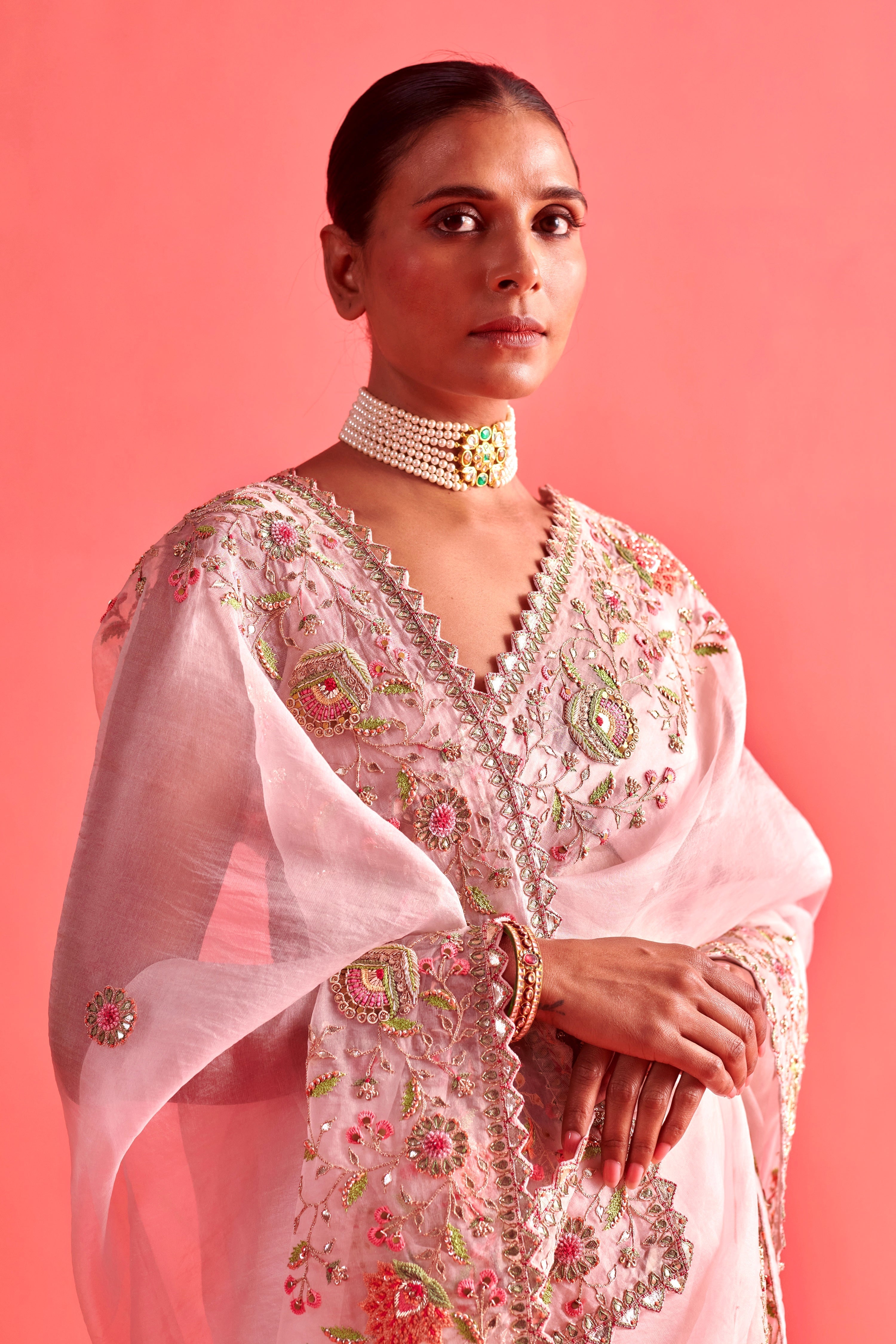 Powdered Pink hand embrodiered saree with Mashru silk blouse