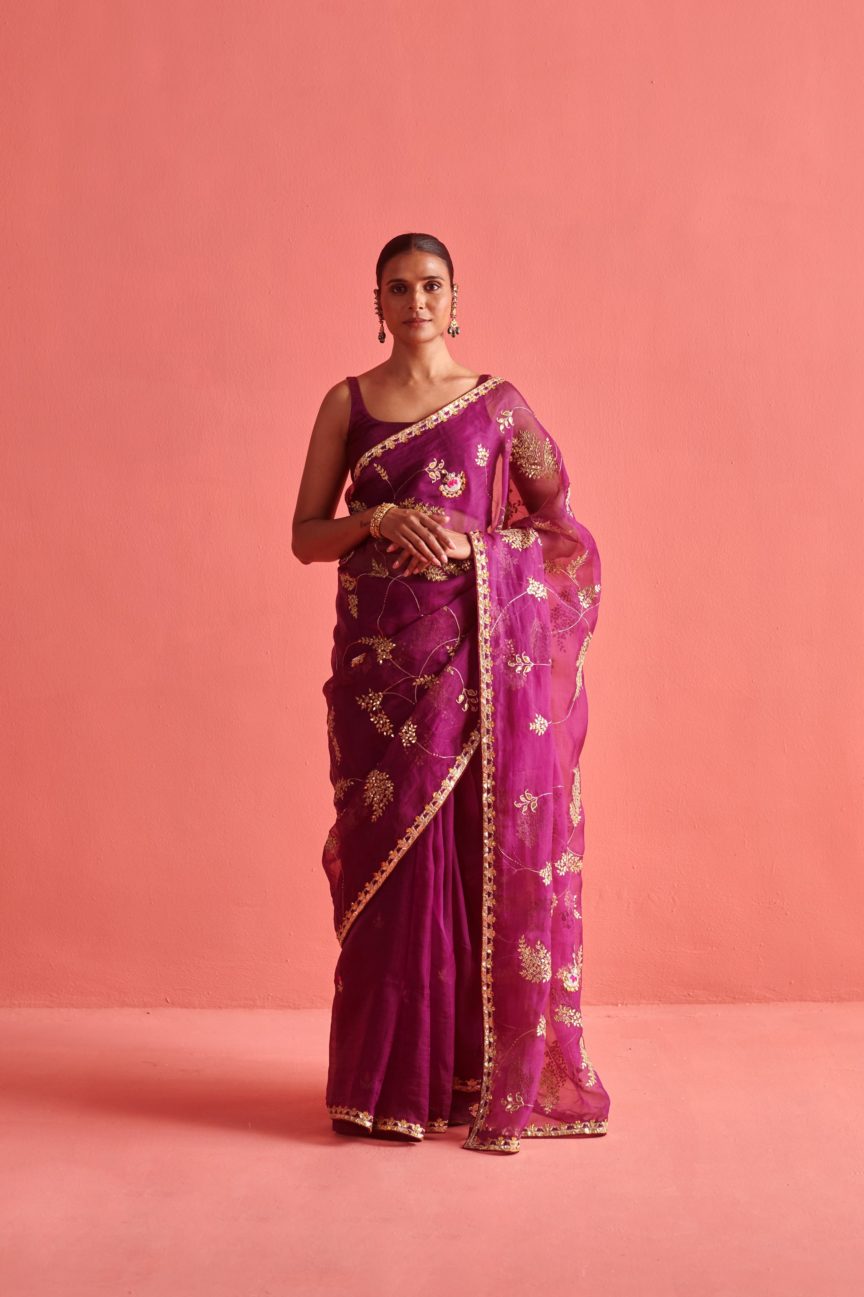 Magenta hand embrodiered saree with Mashru silk blouse