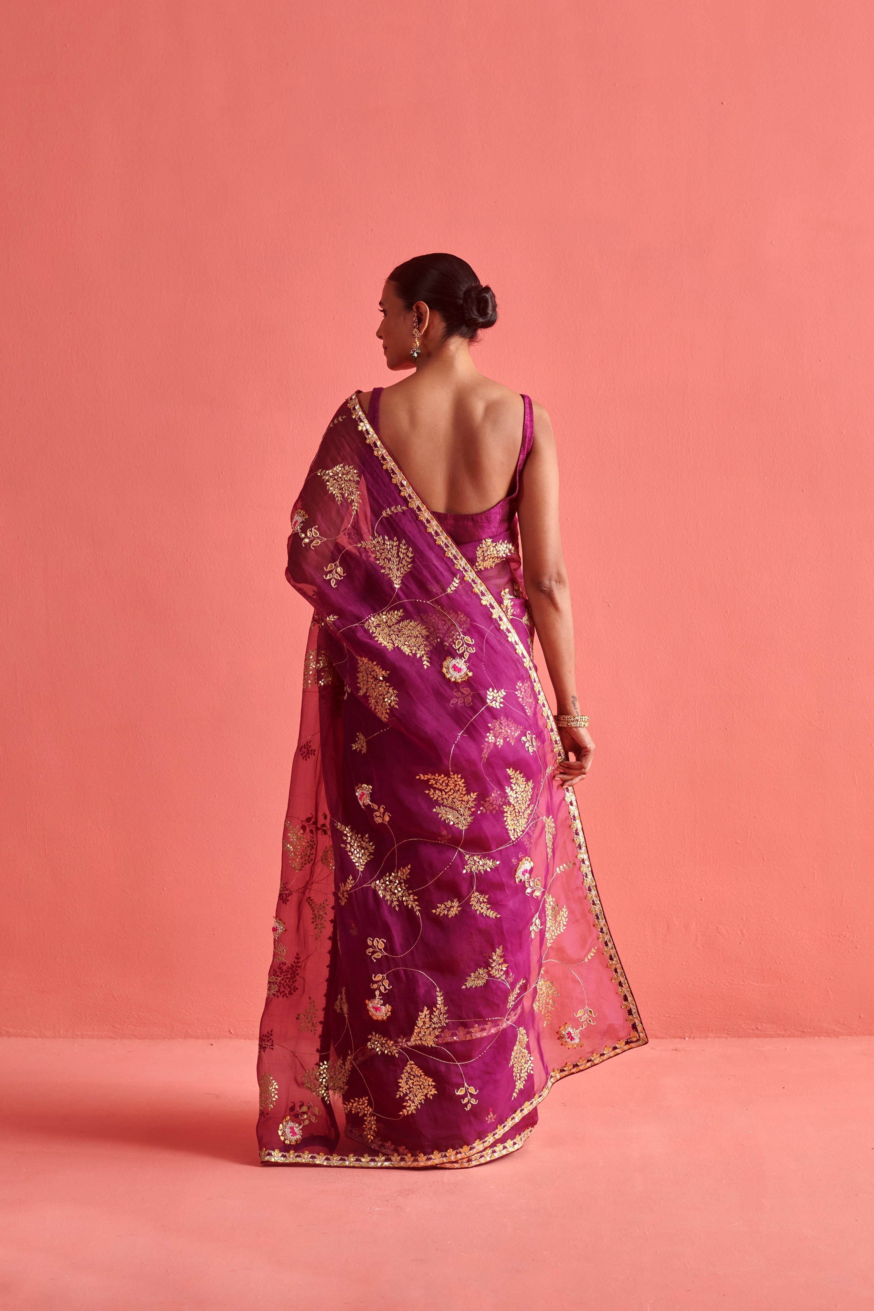 Magenta hand embrodiered saree with Mashru silk blouse