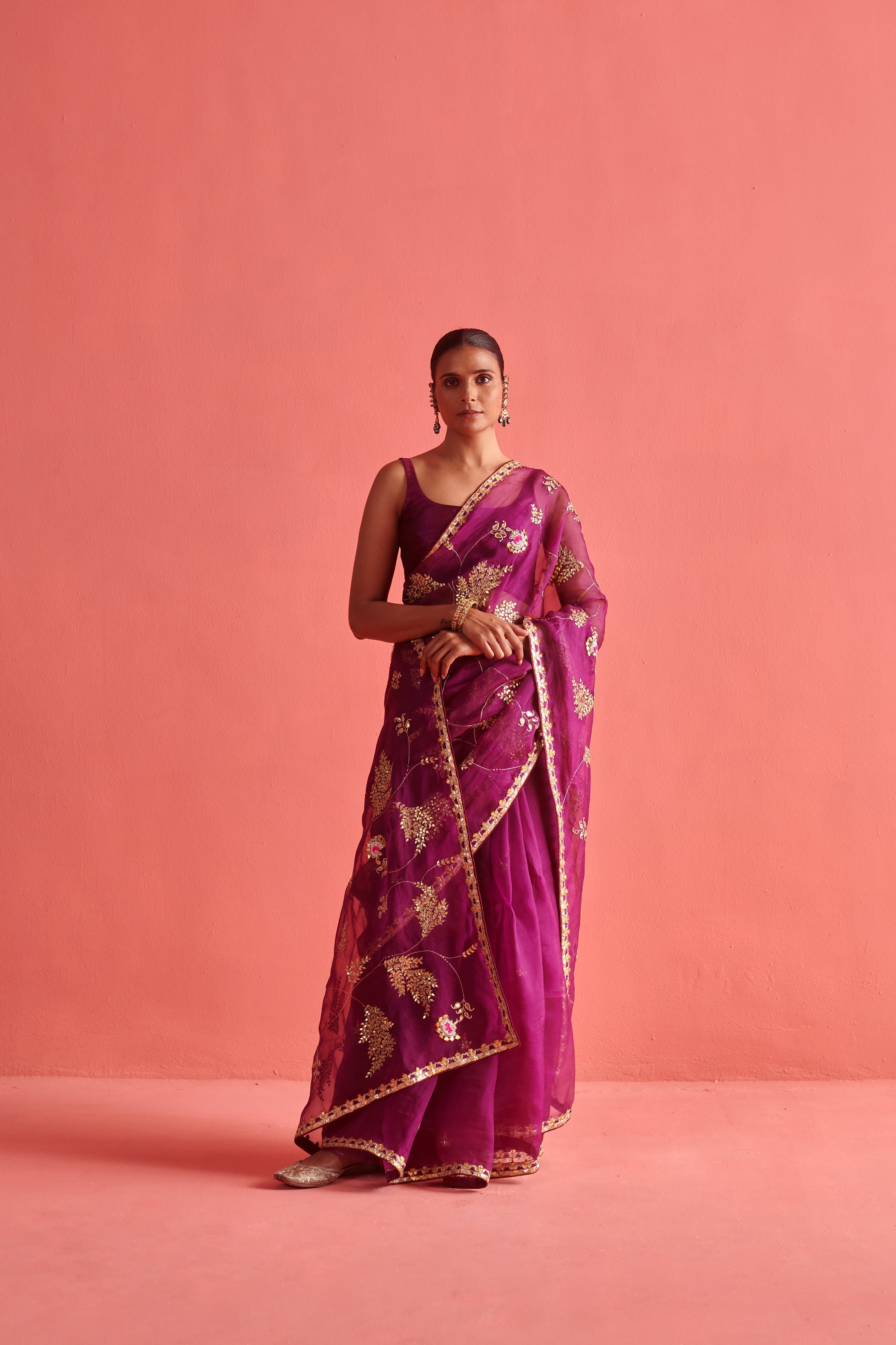 Magenta hand embrodiered saree with Mashru silk blouse