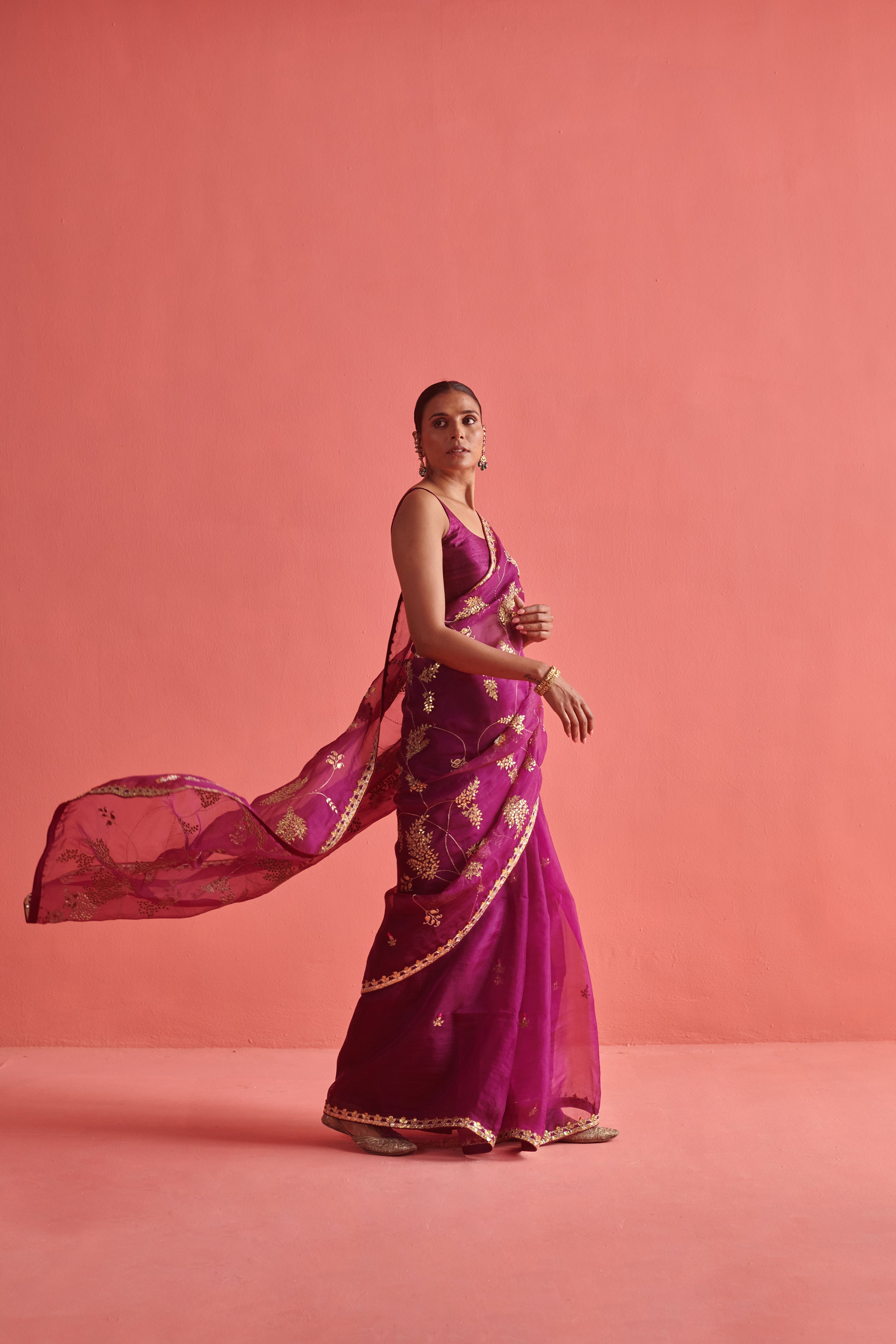 Magenta hand embrodiered saree with Mashru silk blouse