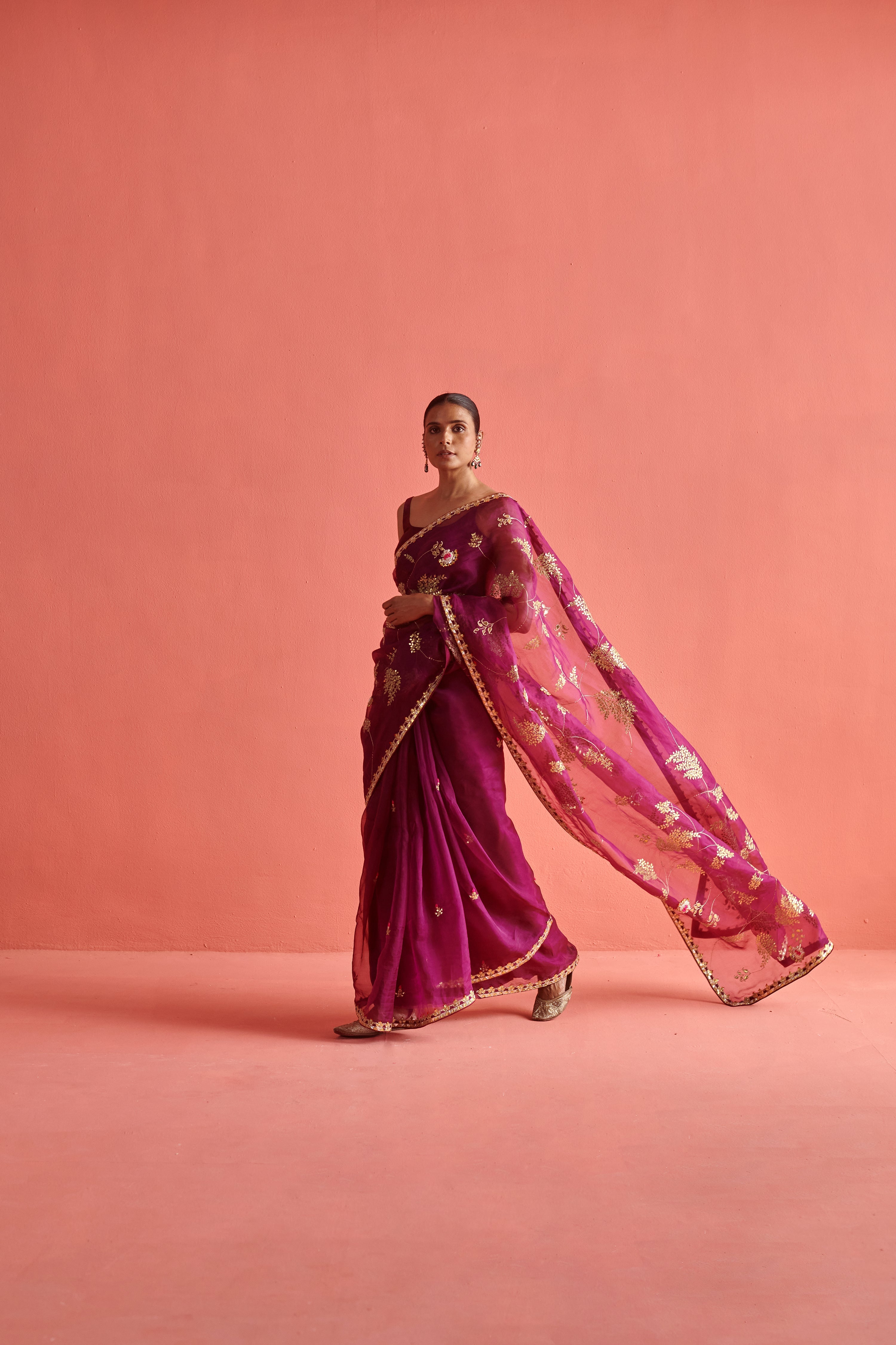 Magenta hand embrodiered saree with Mashru silk blouse