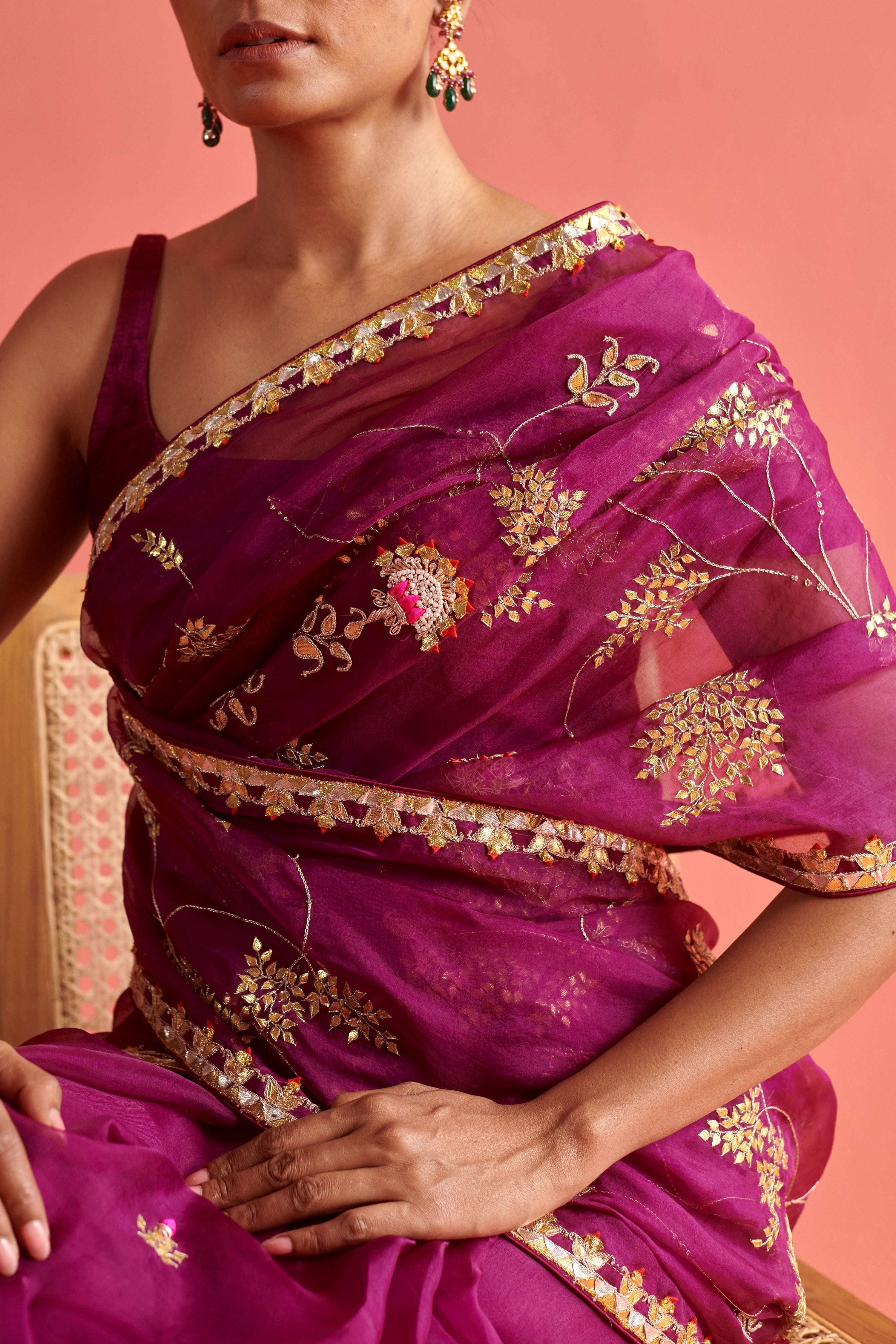 Magenta hand embrodiered saree with Mashru silk blouse