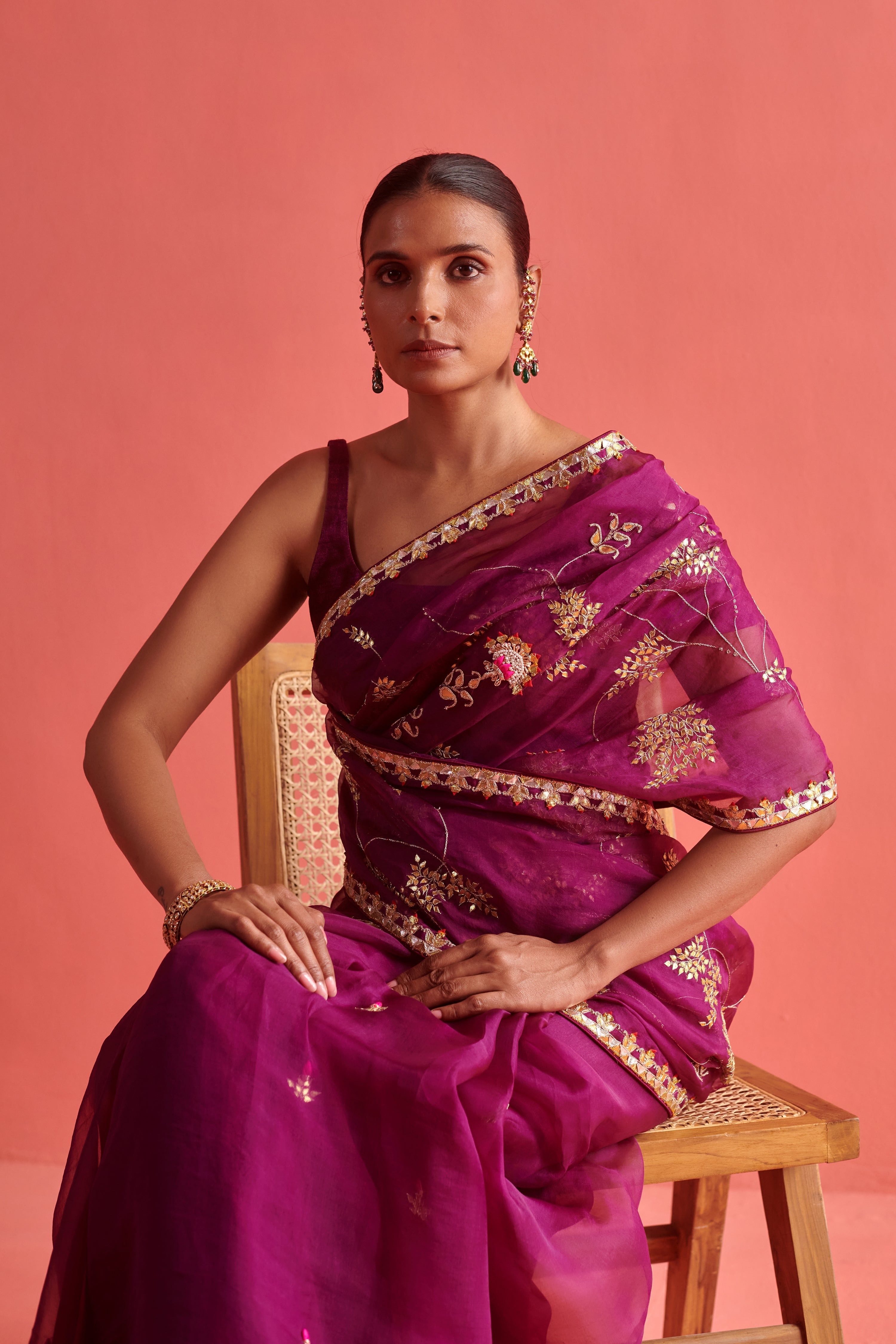 Magenta hand embrodiered saree with Mashru silk blouse