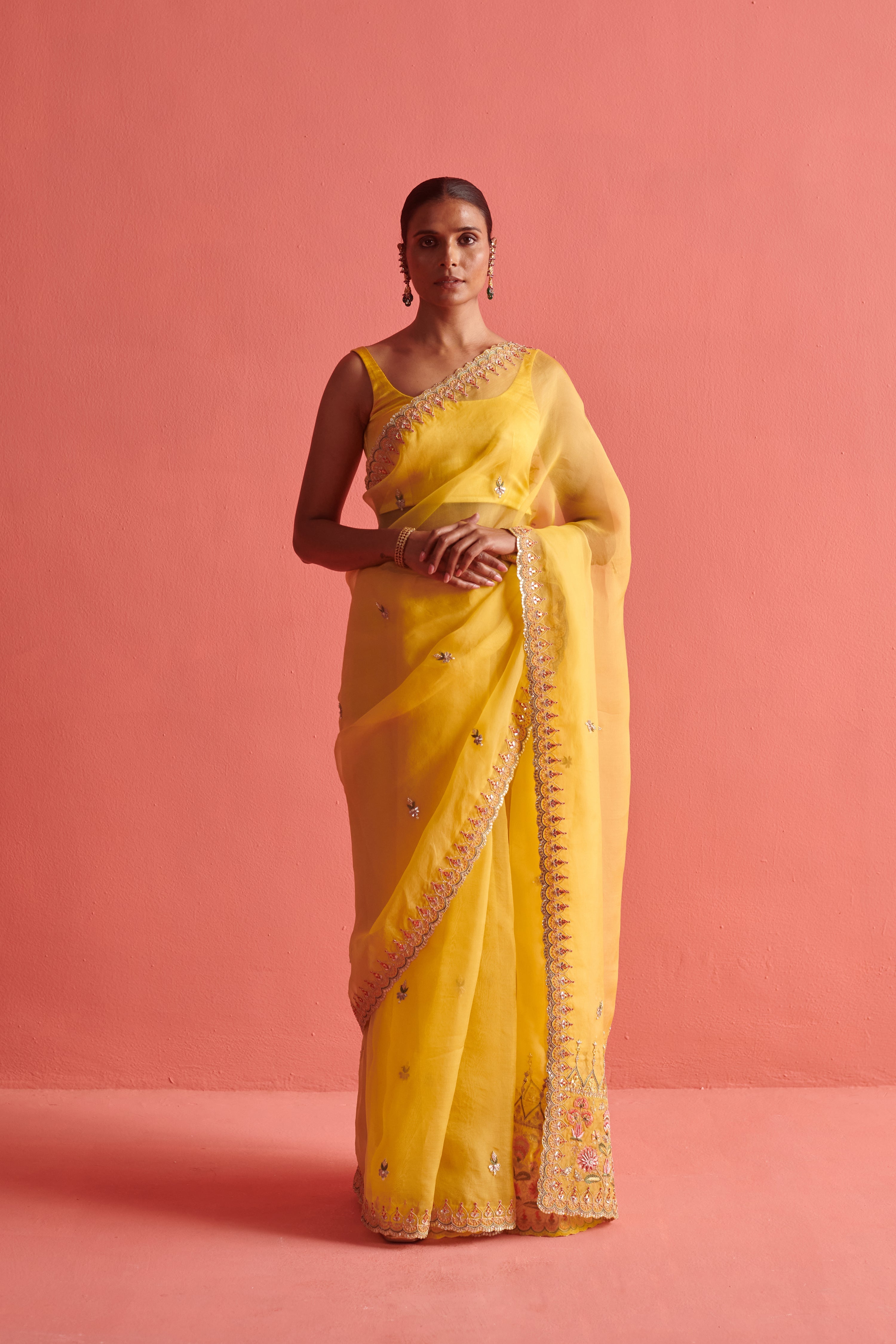 Yellow hand embrodiered saree with Mashru silk blouse