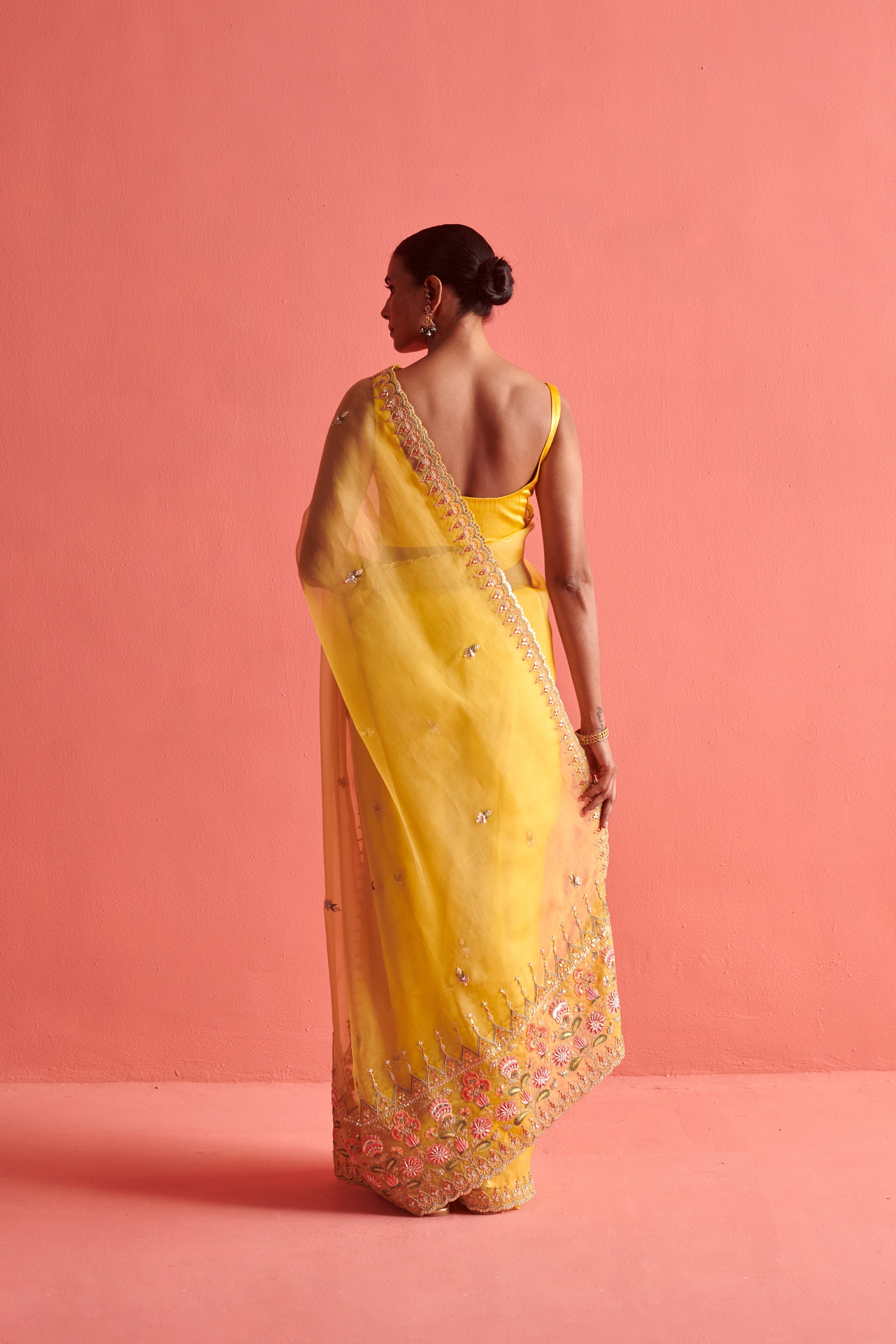 Yellow hand embrodiered saree with Mashru silk blouse