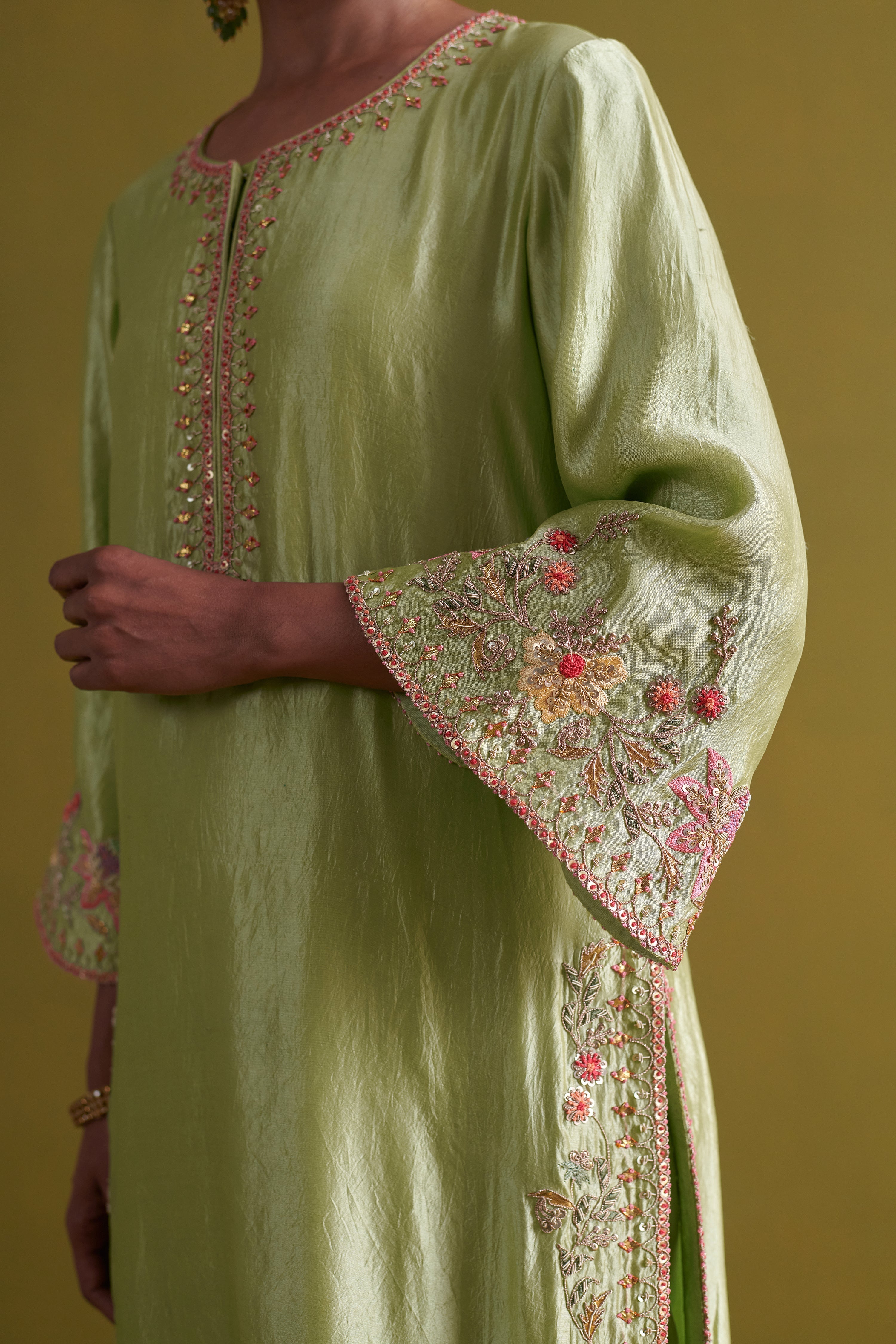 Kora Silk Kurti, Bamberg Satin Pallazo with Organza Dupatta