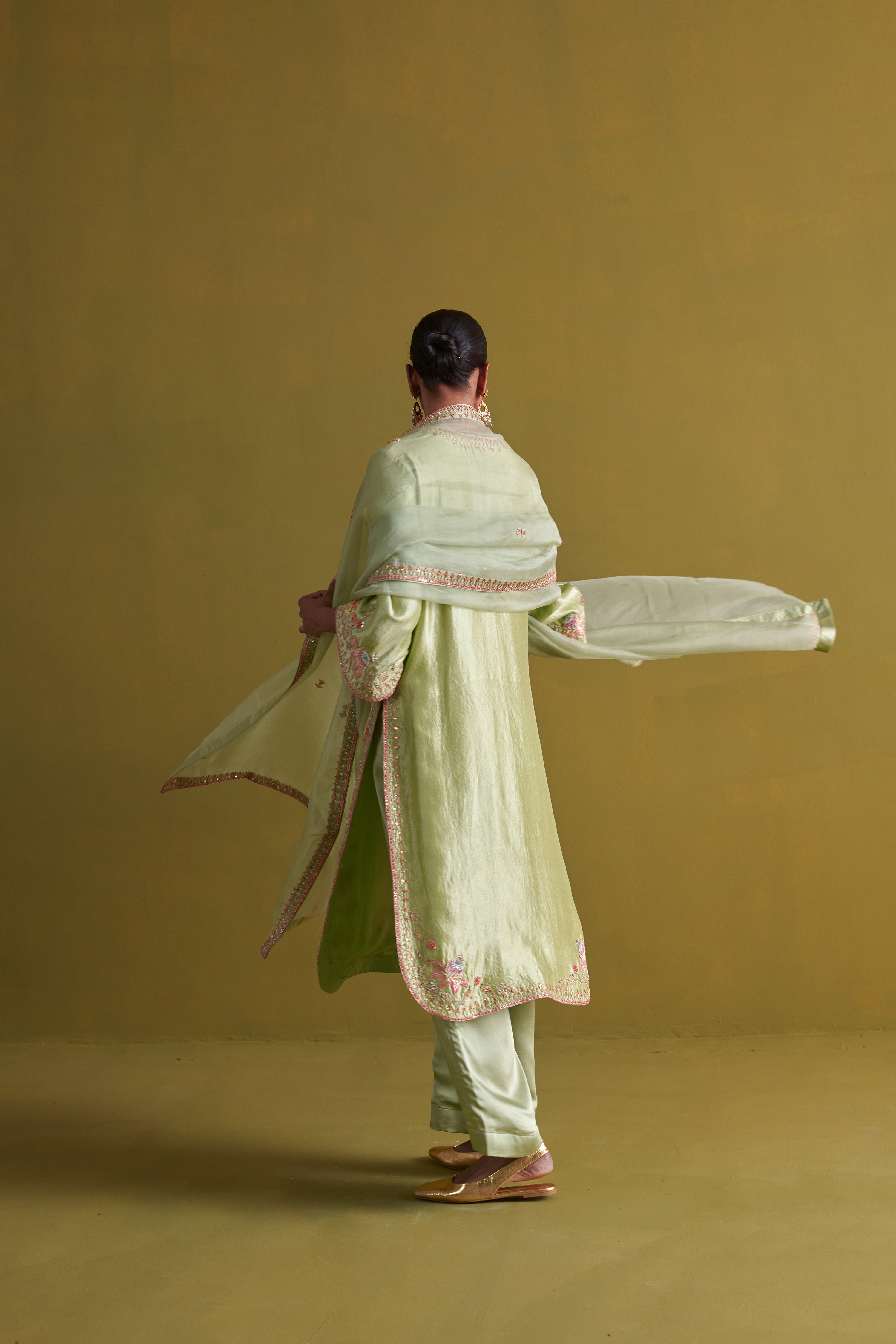 Kora Silk Kurti, Bamberg Satin Pallazo with Organza Dupatta