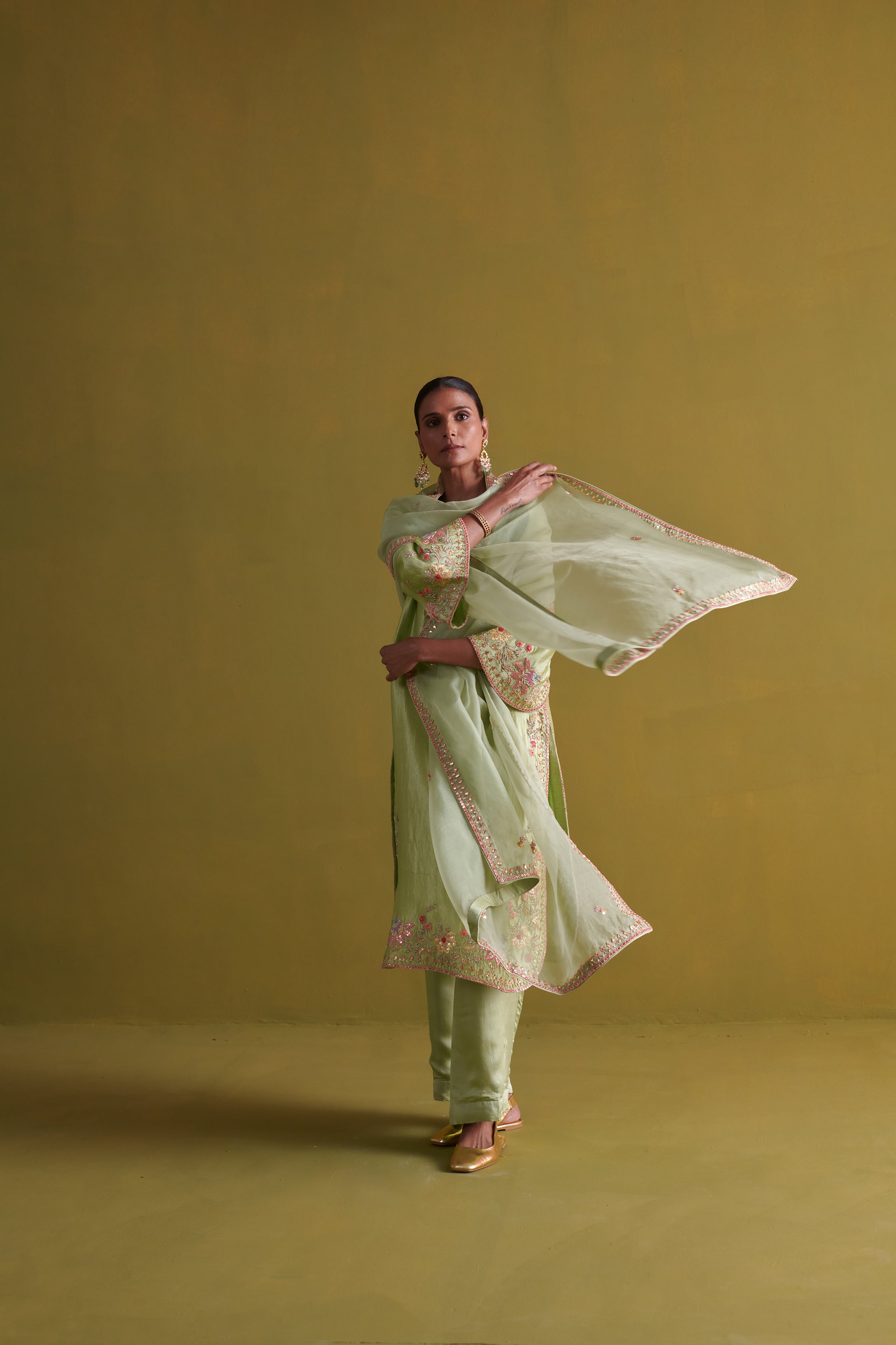 Kora Silk Kurti, Bamberg Satin Pallazo with Organza Dupatta