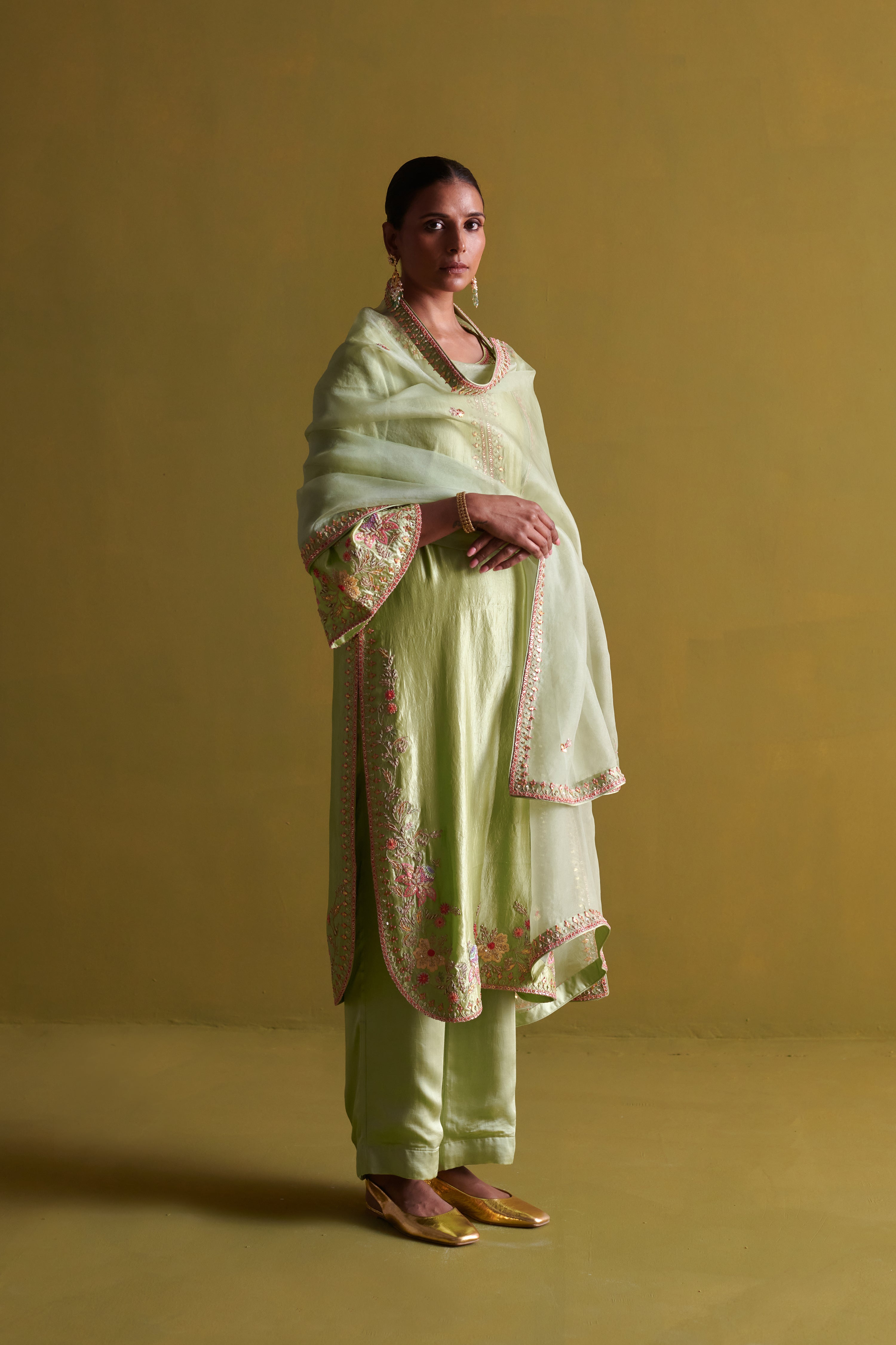 Kora Silk Kurti, Bamberg Satin Pallazo with Organza Dupatta