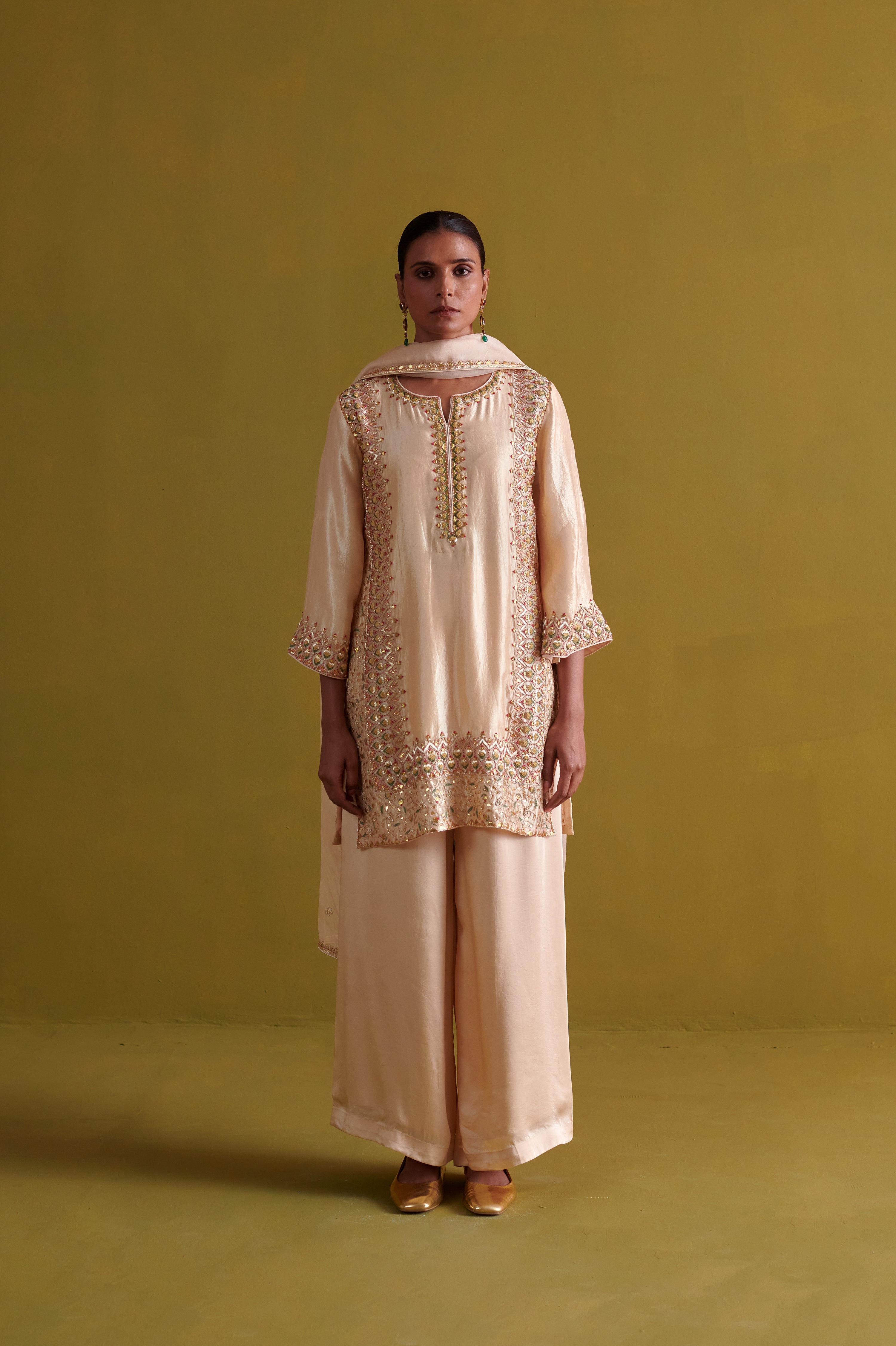Kora Silk Kurti, Bamberg Satin Pallazo with Organza Dupatta